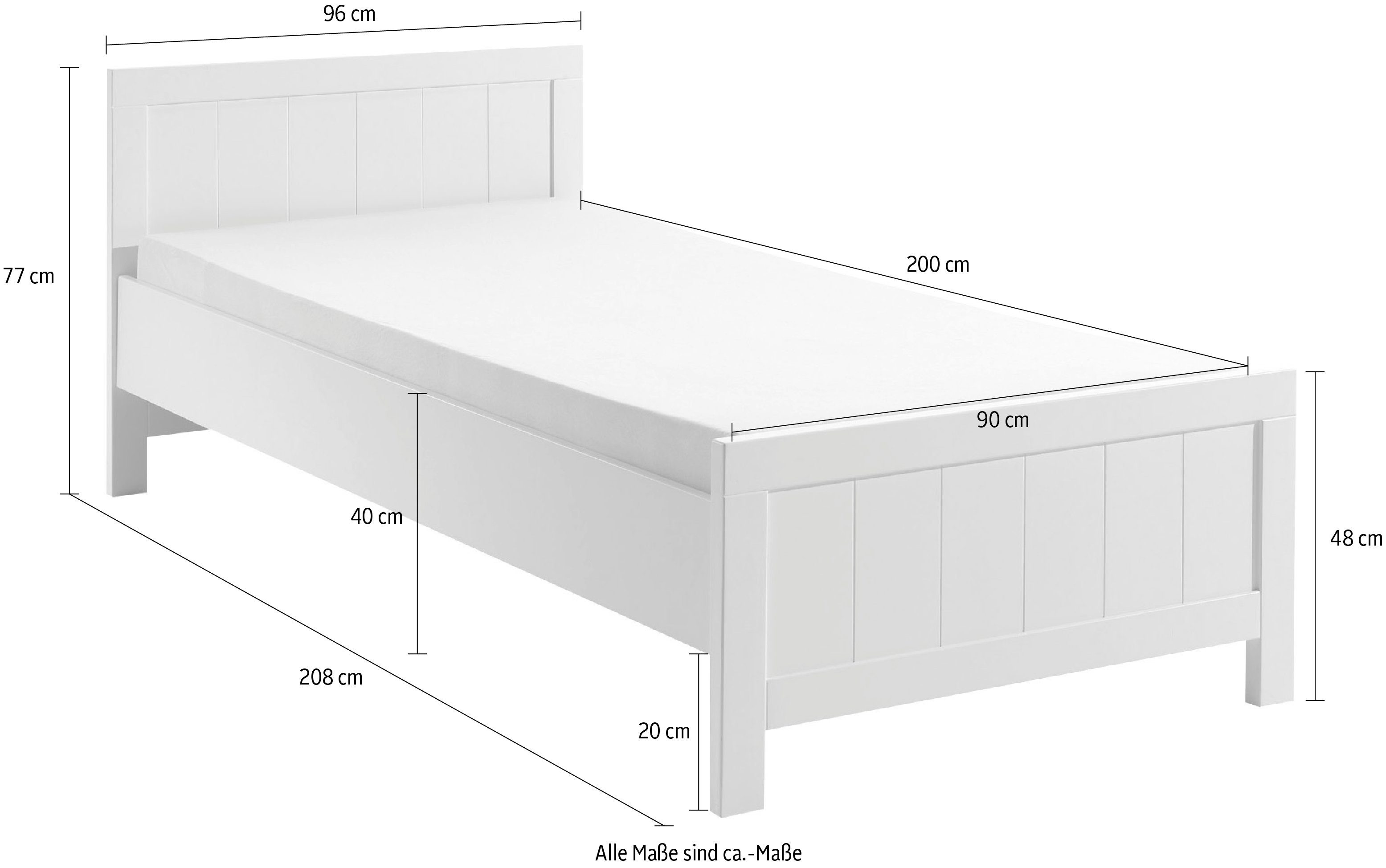 Vipack 1-persoonsledikant 1-persoons in landelijke look met ligoppervlak 90x 200 cm, wit gelakt