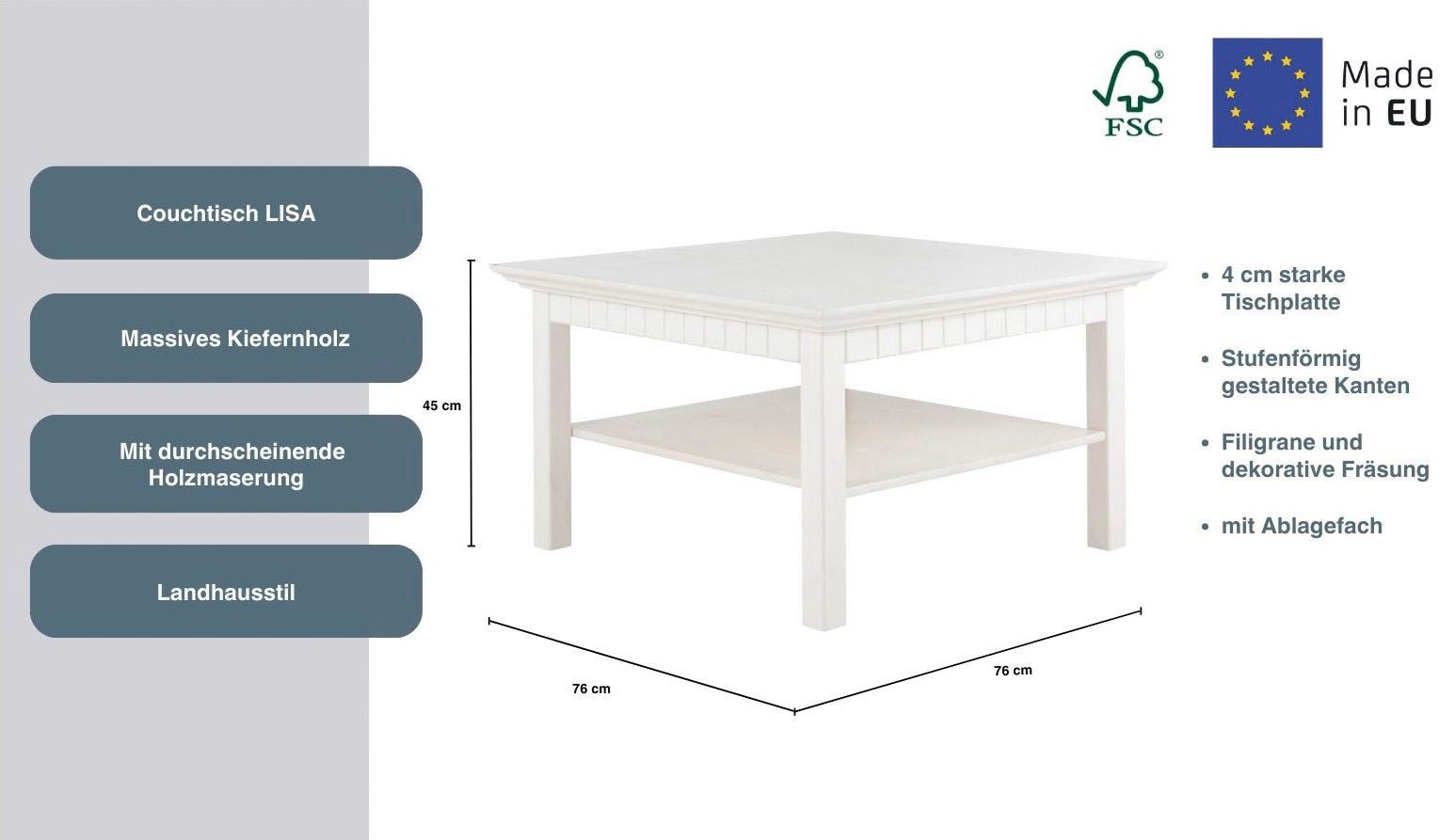 Home affaire Salontafel Lisa Koffietafel, massief grenenhout, B/D/H: 76x76x45 cm