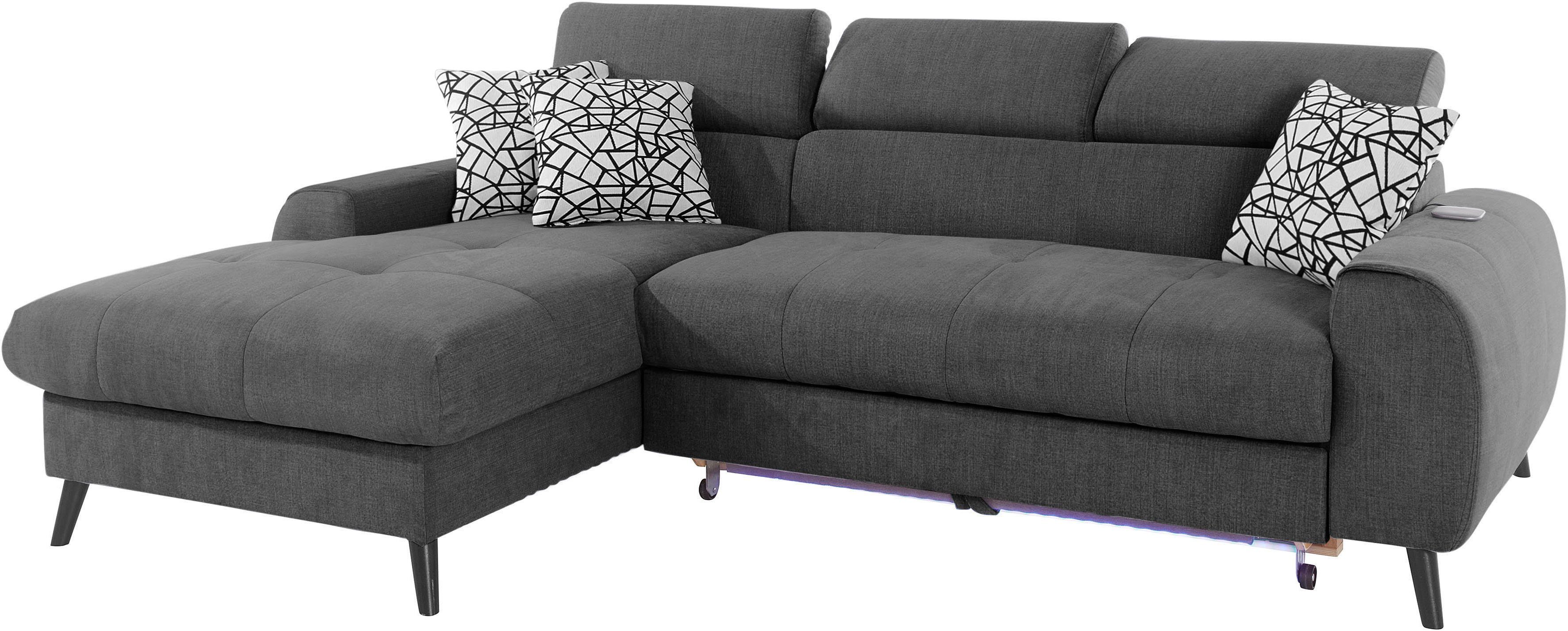 COTTA Hoekbank Mia L-vorm met 3 sierkussens keuze met bedfunctie, bedlade, verlichting & draadloze oplader