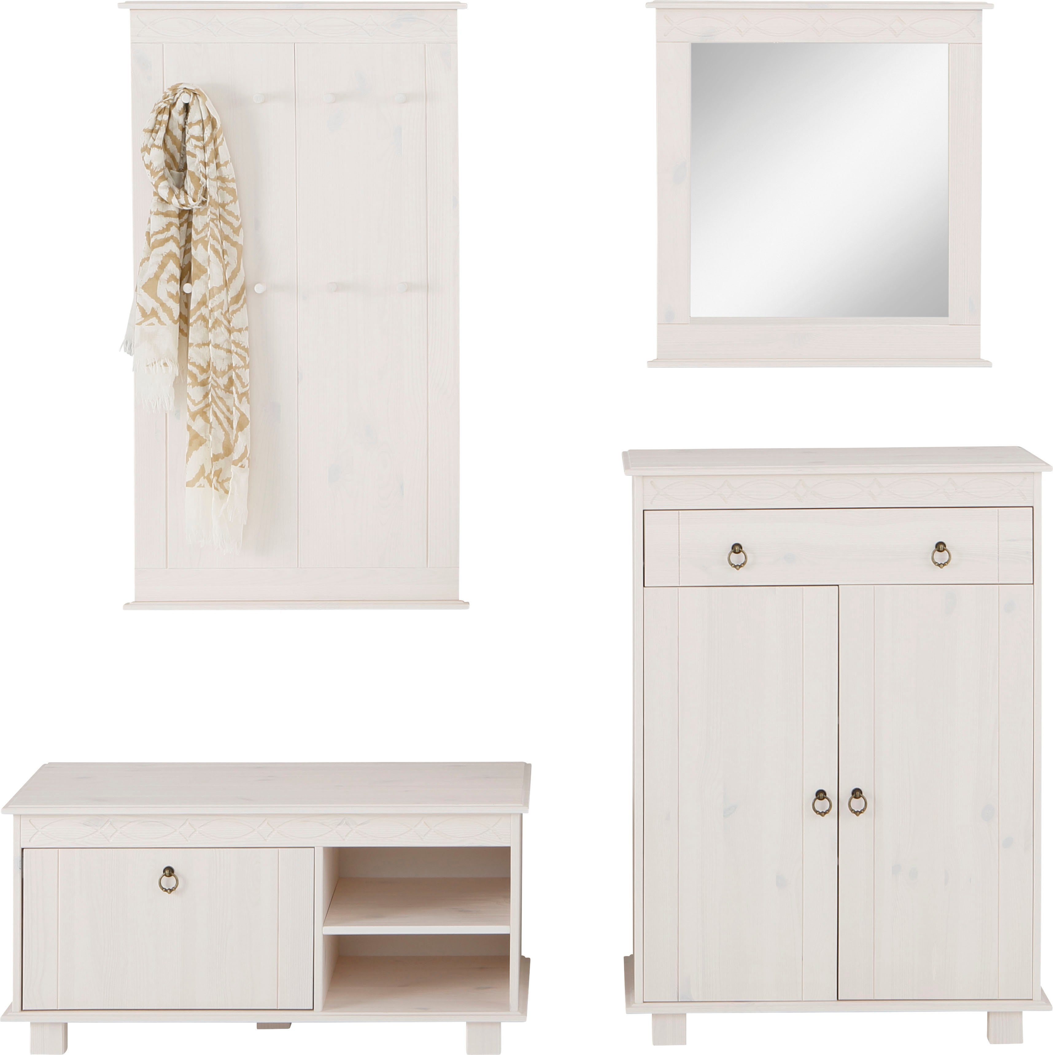 Home affaire Halmeubelset Indra 4-delig set: schoenenbank, paneel, spiegel, commode, massief dennenhout (set, 4-delig) wandkapstokken wit