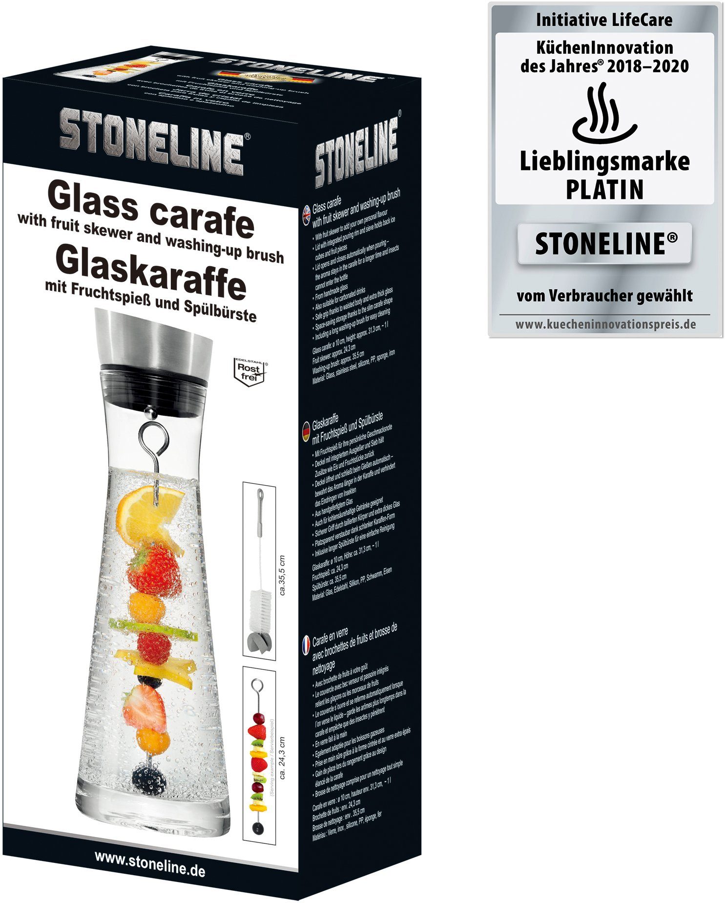 STONELINE Waterkaraf met vruchtenspies en schoonmaakborstel, 1 liter