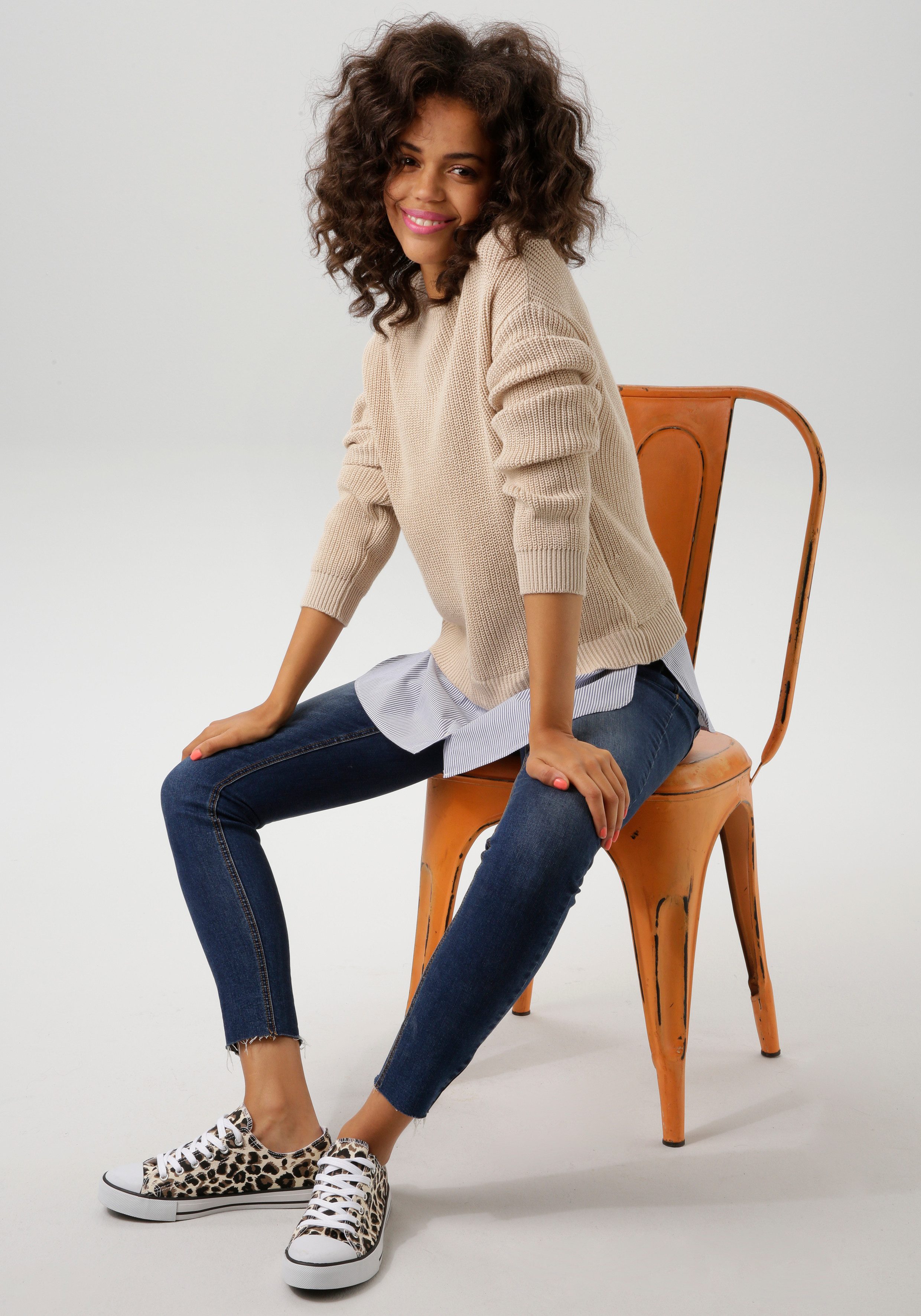 Aniston CASUAL Gebreide trui gestreepte blouse-inzet onderlangs