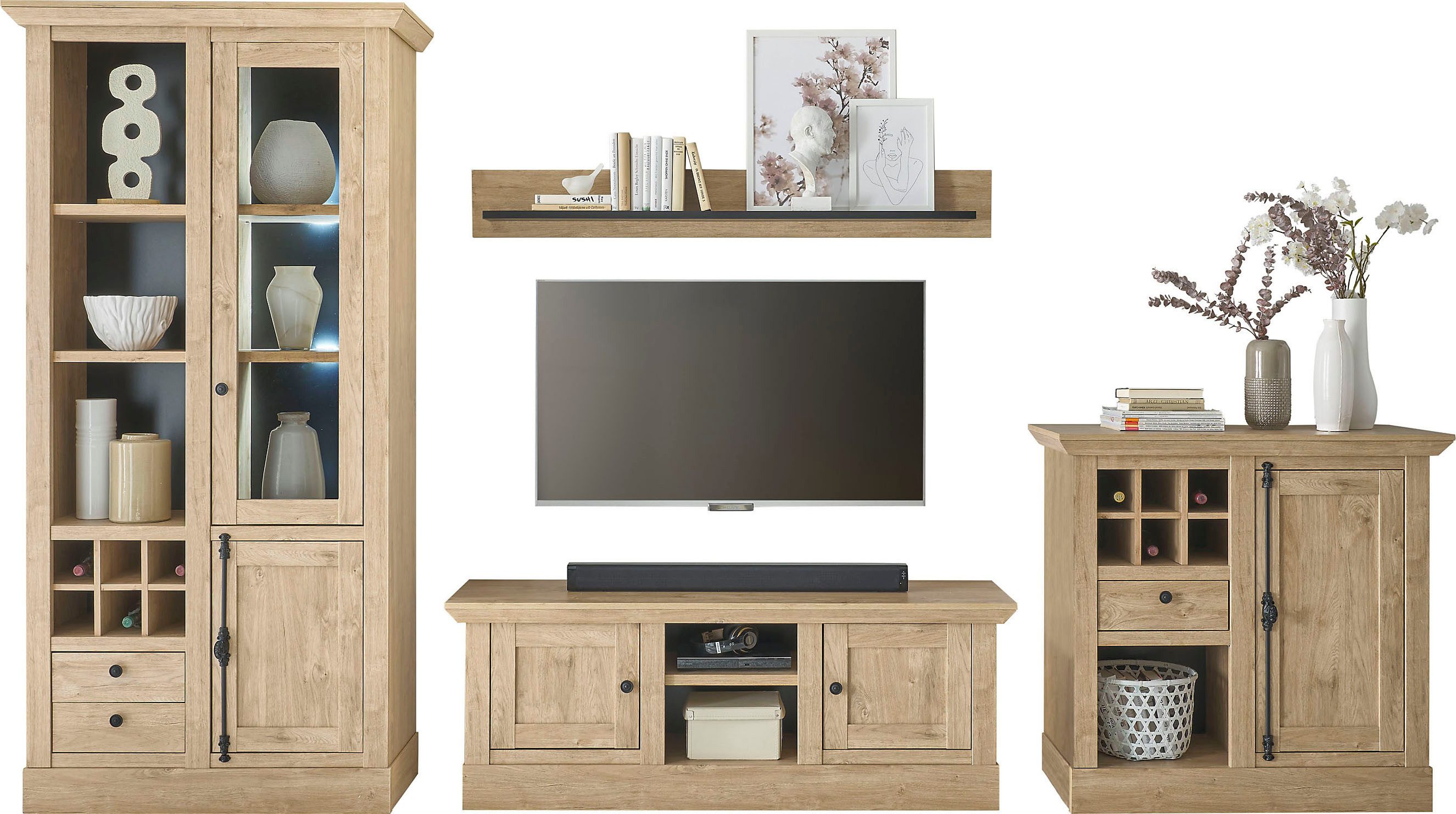 Home affaire Wandmeubel Cornwall, opbouwwand in landelijke stijl, woonkamer-set, eiken decor (set, 4-delig)