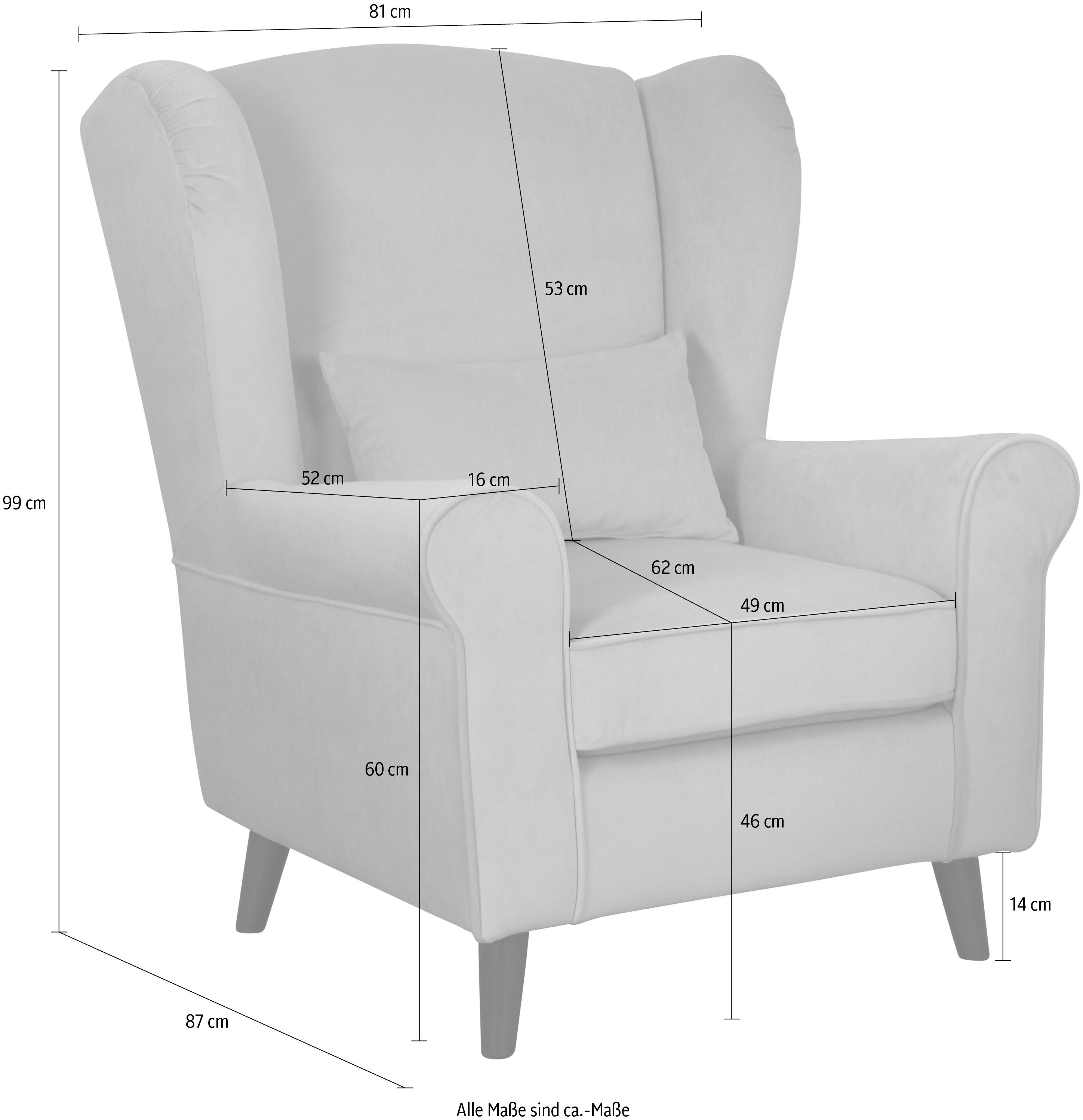 Home affaire Fauteuil Ohrensessel CHISTELLE, optioneel met poef met golfondersteuning, afmetingen: b/d/h: 81/87/99 cm
