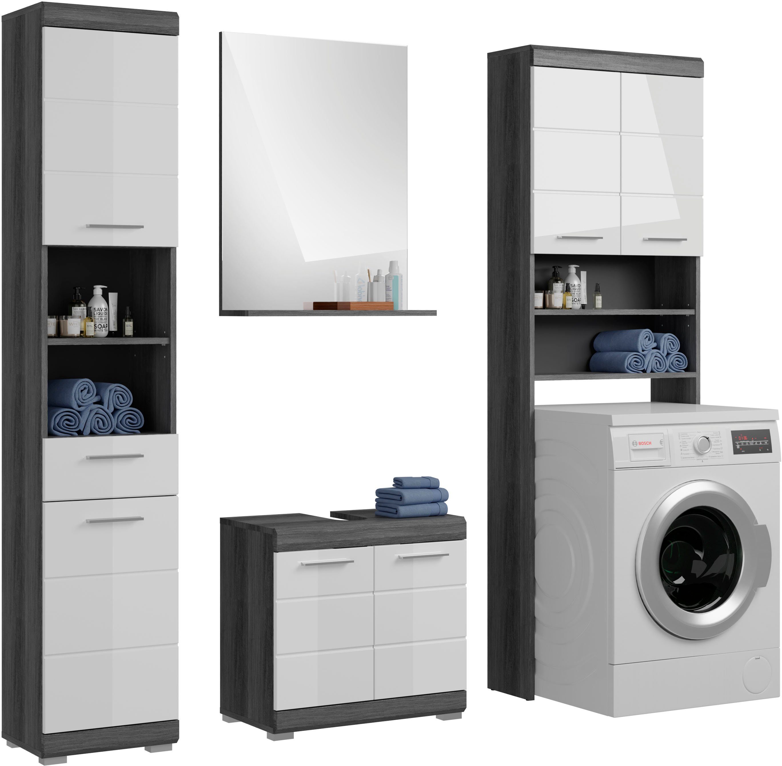 INOSIGN Badkamerserie Siena, 4-delig, bestaande uit: Hoge kast, WBU, badkamer spiegel, wasmachine ombouwkast (set, 4-delig) badmeubelsets grijs