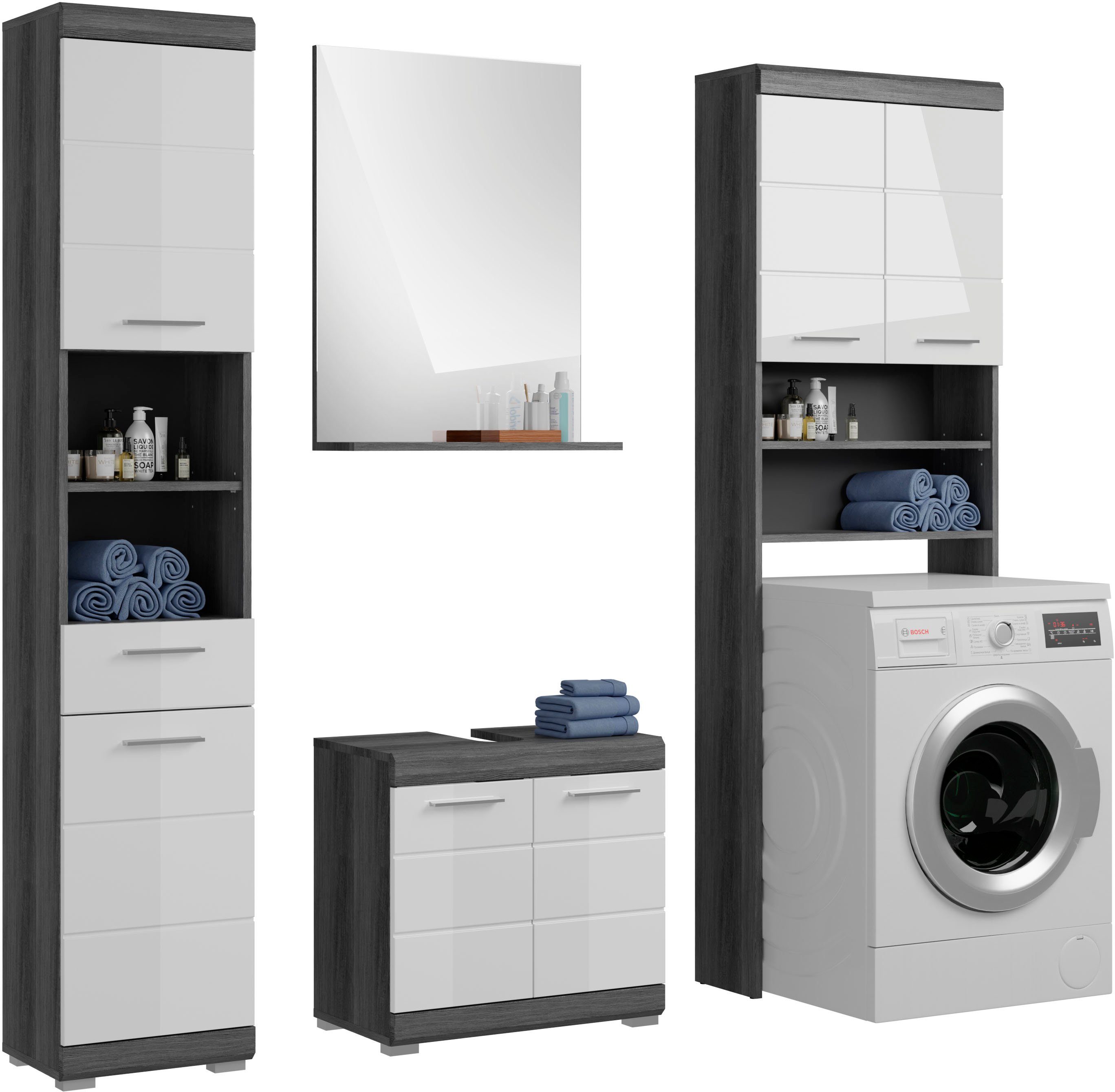 inosign badkamerserie siena hoge kast, spiegel, wastafelkast, wasmachine-ombouw (set, 4-delig) grijs