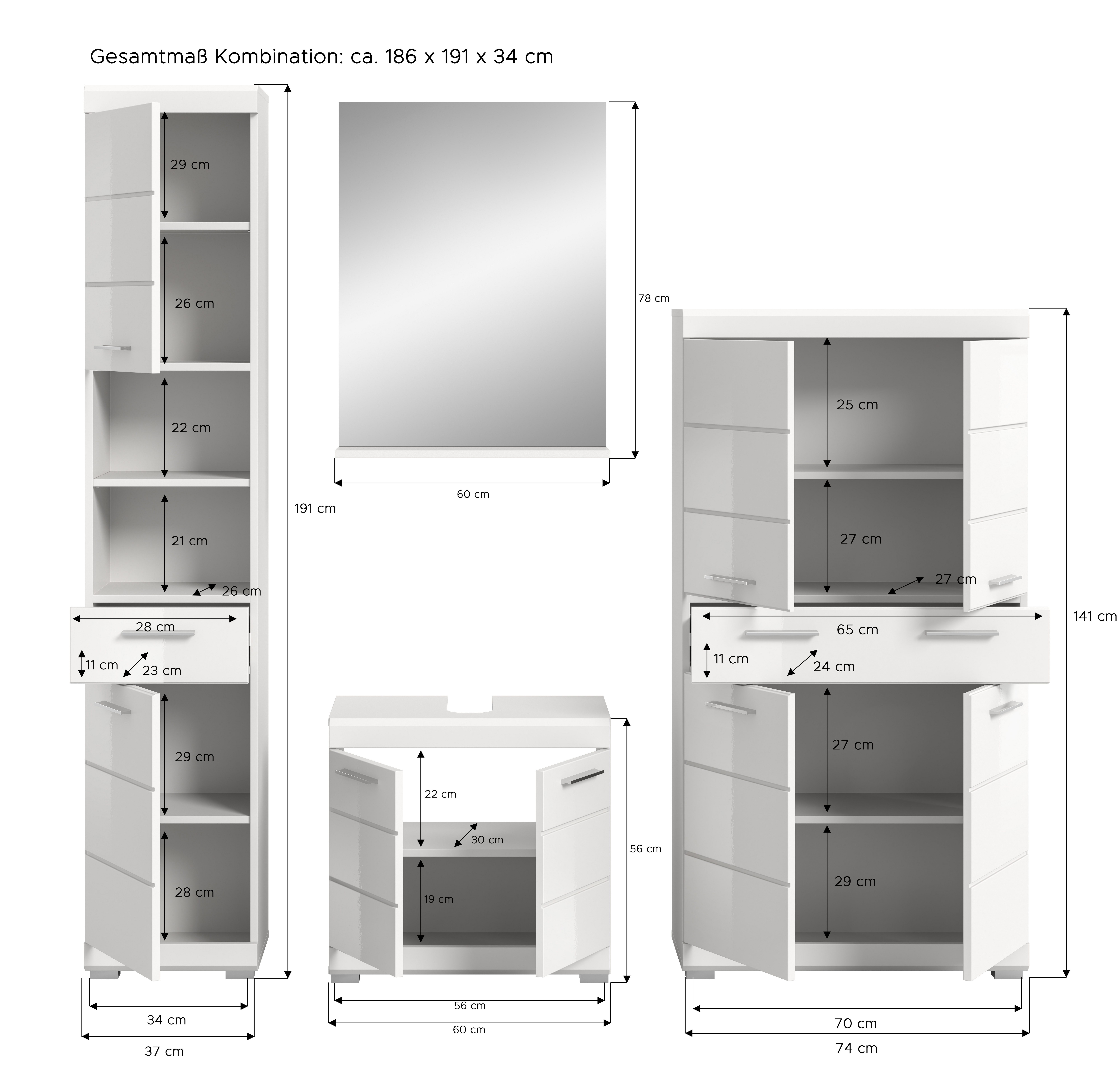 INOSIGN Badkamerserie Siena, 4-delig, bestaande uit: Hoge kast, wastafelonderkast, badkamer spiegel, middenkast (set, 4-delig)