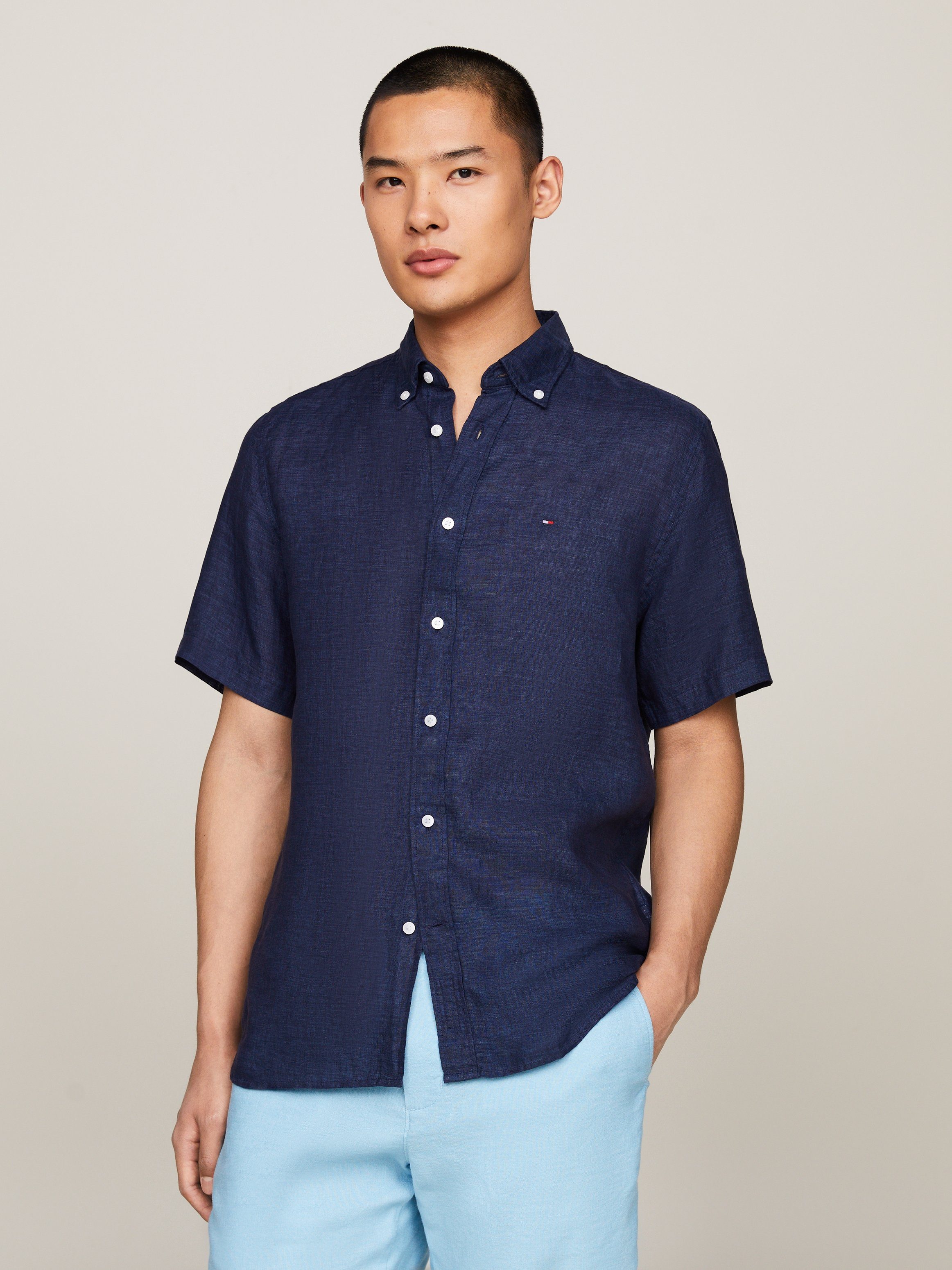 TOMMY HILFIGER Heren Overhemden Pigment Dyed Linen Rf Shirt S s Donkerblauw