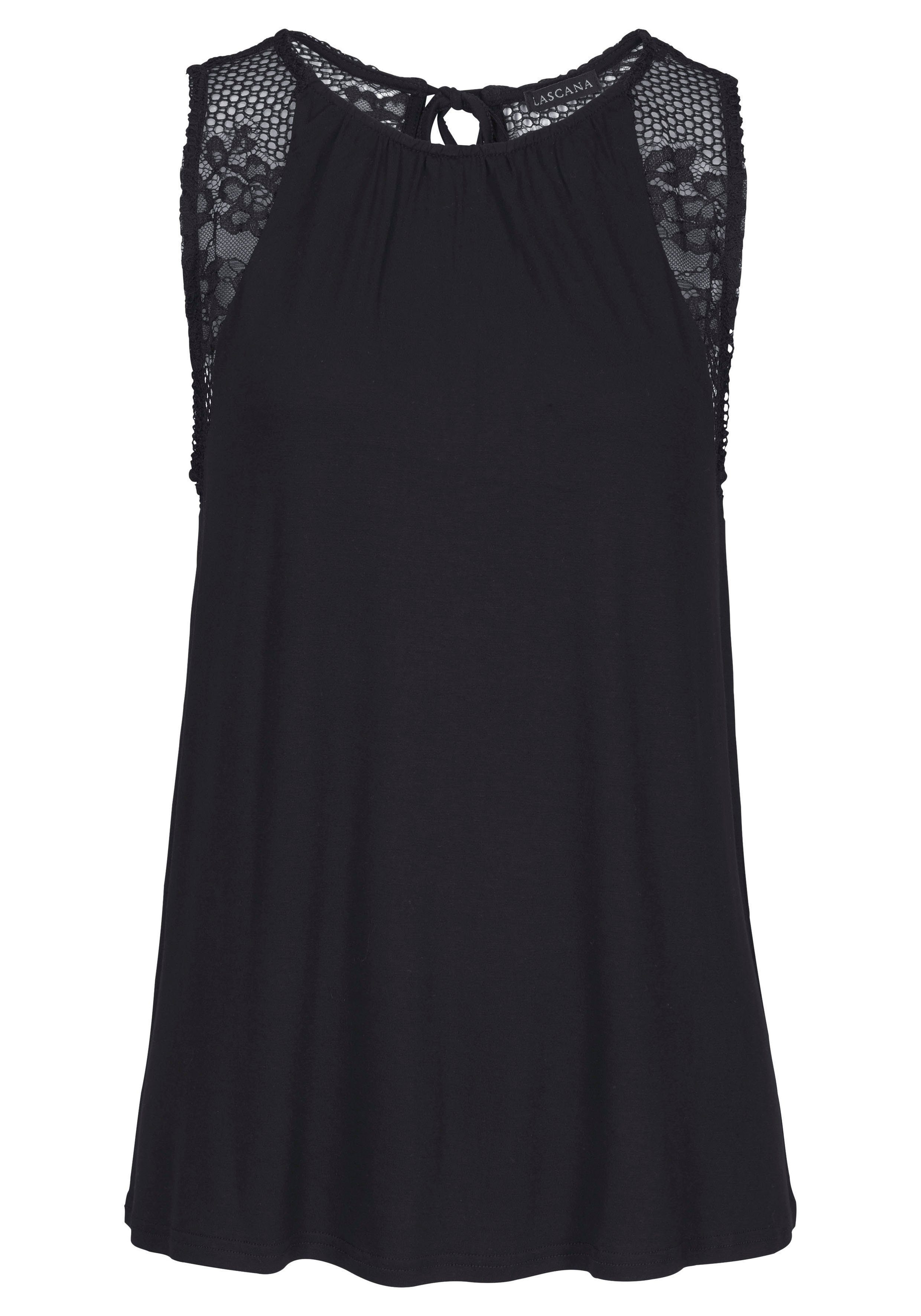 Lascana Strandtop met kantinzetten, dames-top met strikband, kanttop