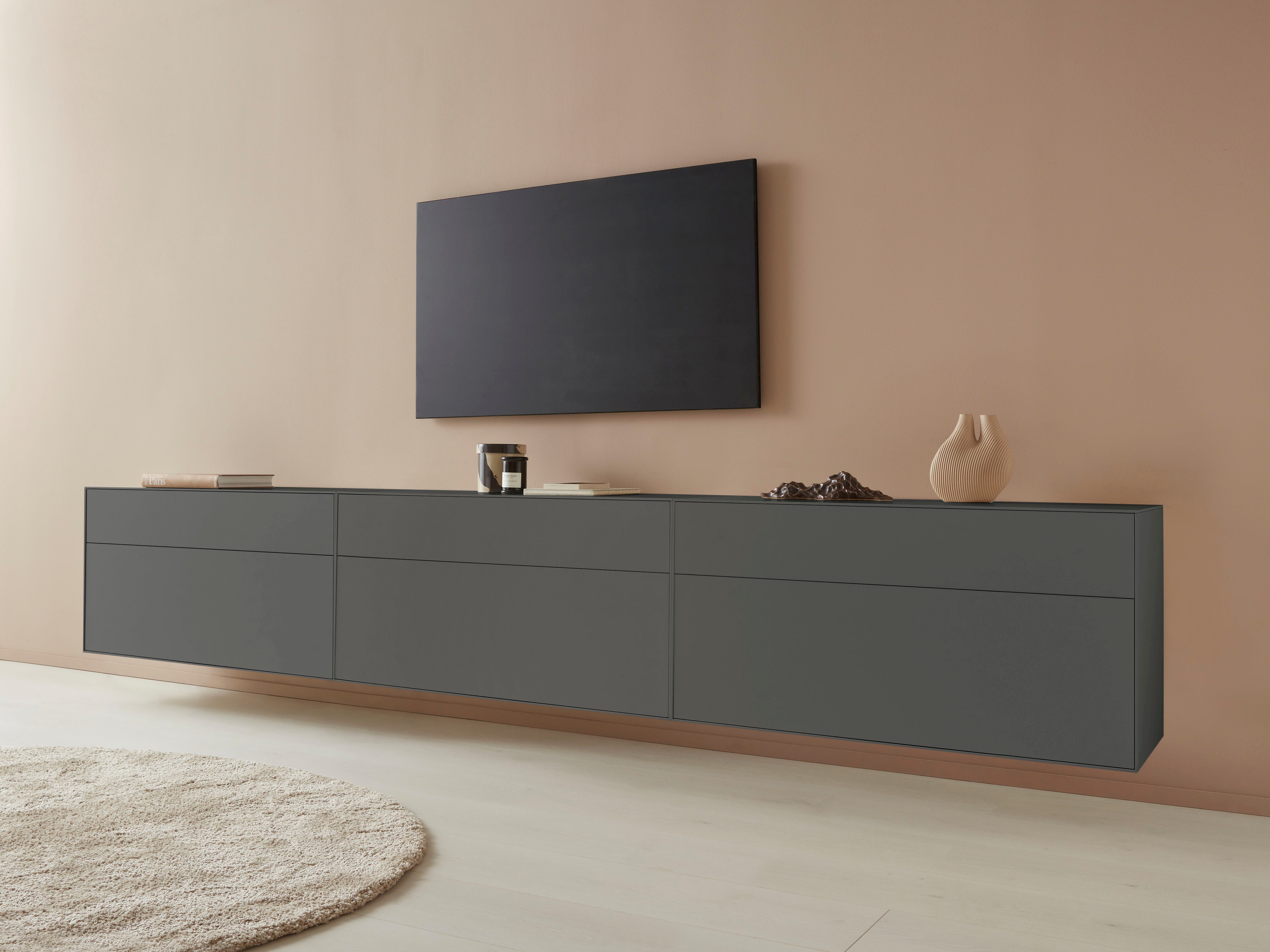 LeGer Home by Lena Gercke Tv-meubel Essentials Breedte: 336 cm, MDF gelakt, push-to-open-functie (3 stuks) lowboards grijs