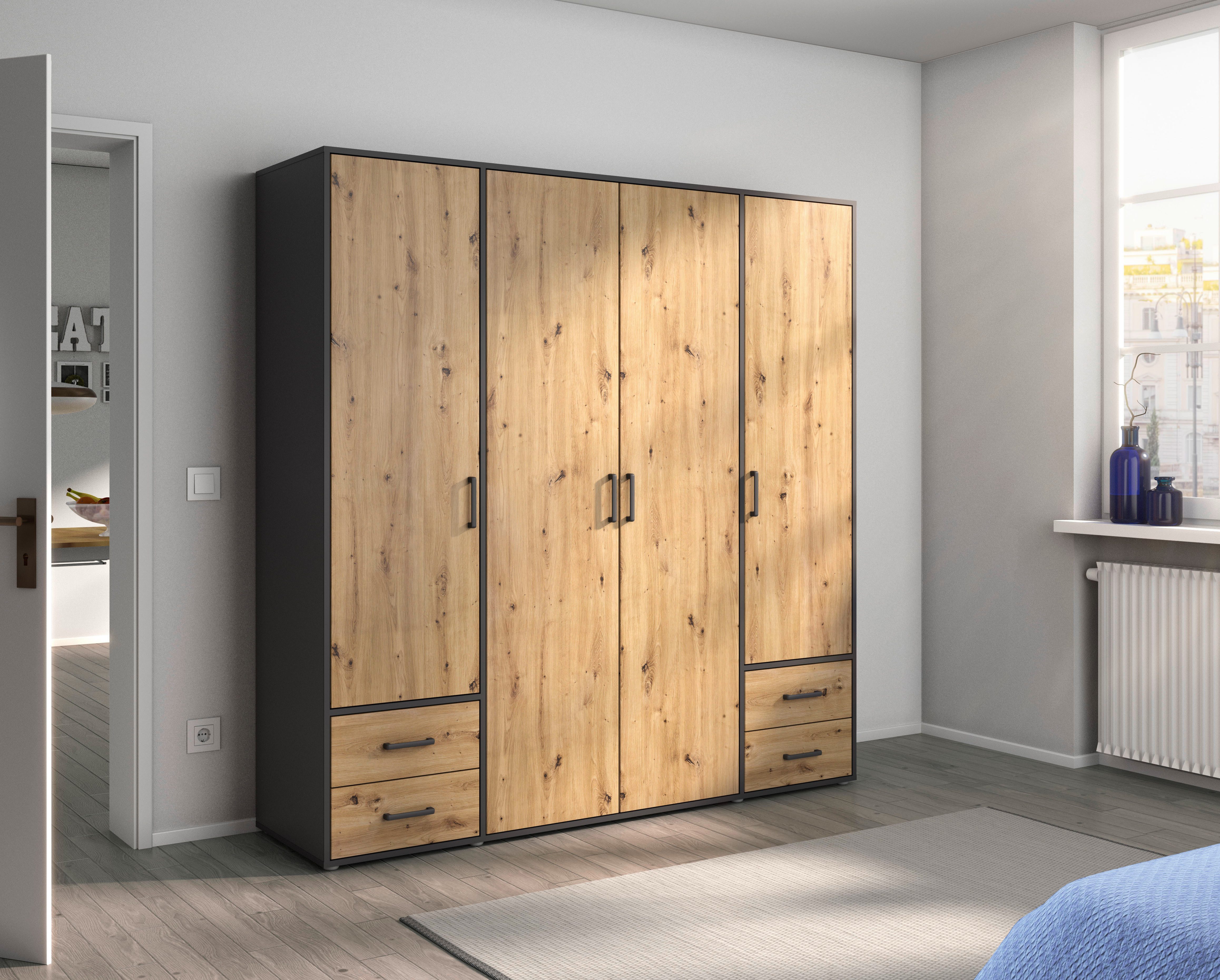 rauch Draaideurkast Voyager, kledingkast met buitenladen, garderobe moderne grepen in grijs metallic met buitenlades made in germany
