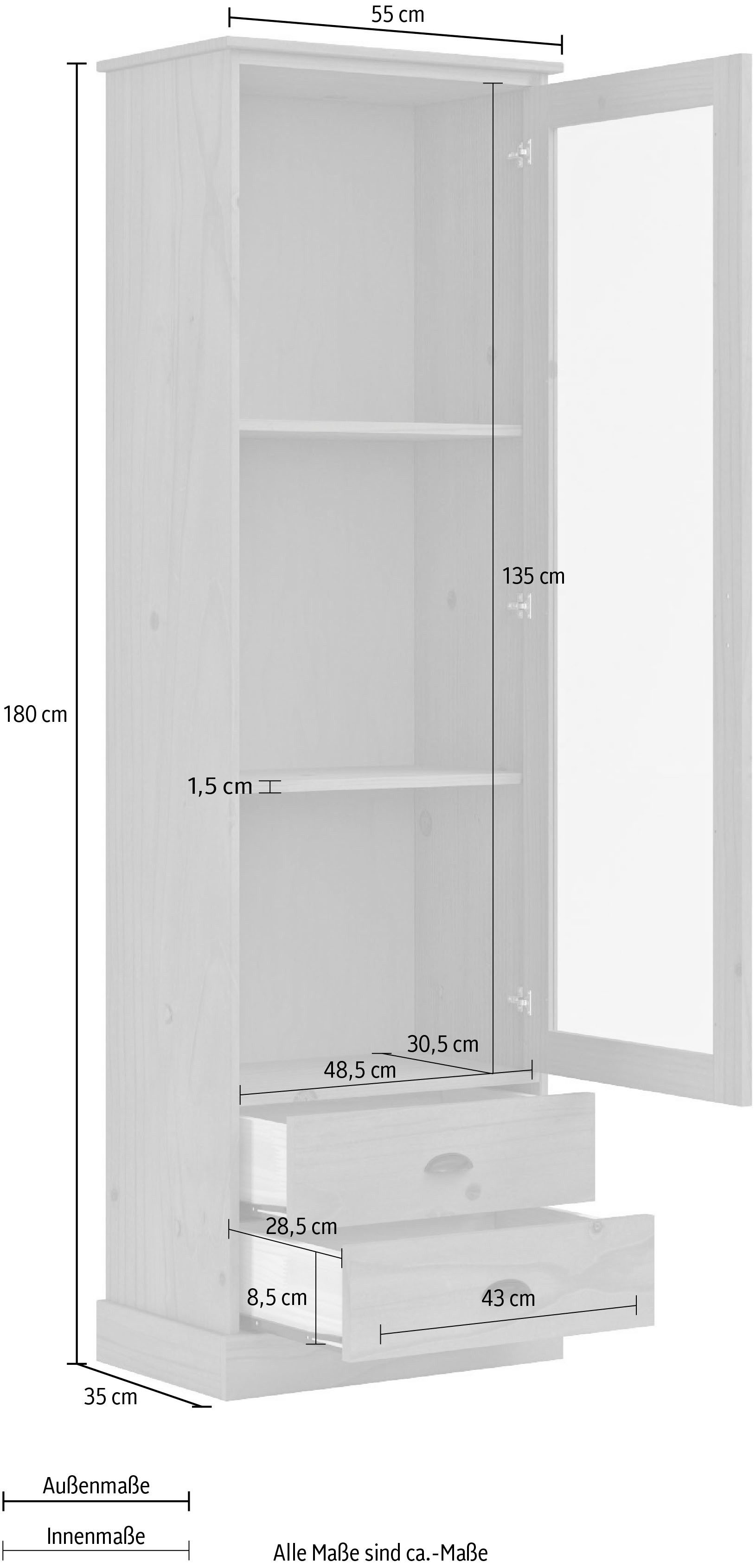 Home affaire Vitrinekast Schröder met 1 schuifdeur, 2 lades, van massief grenenhout, breedte 55cm