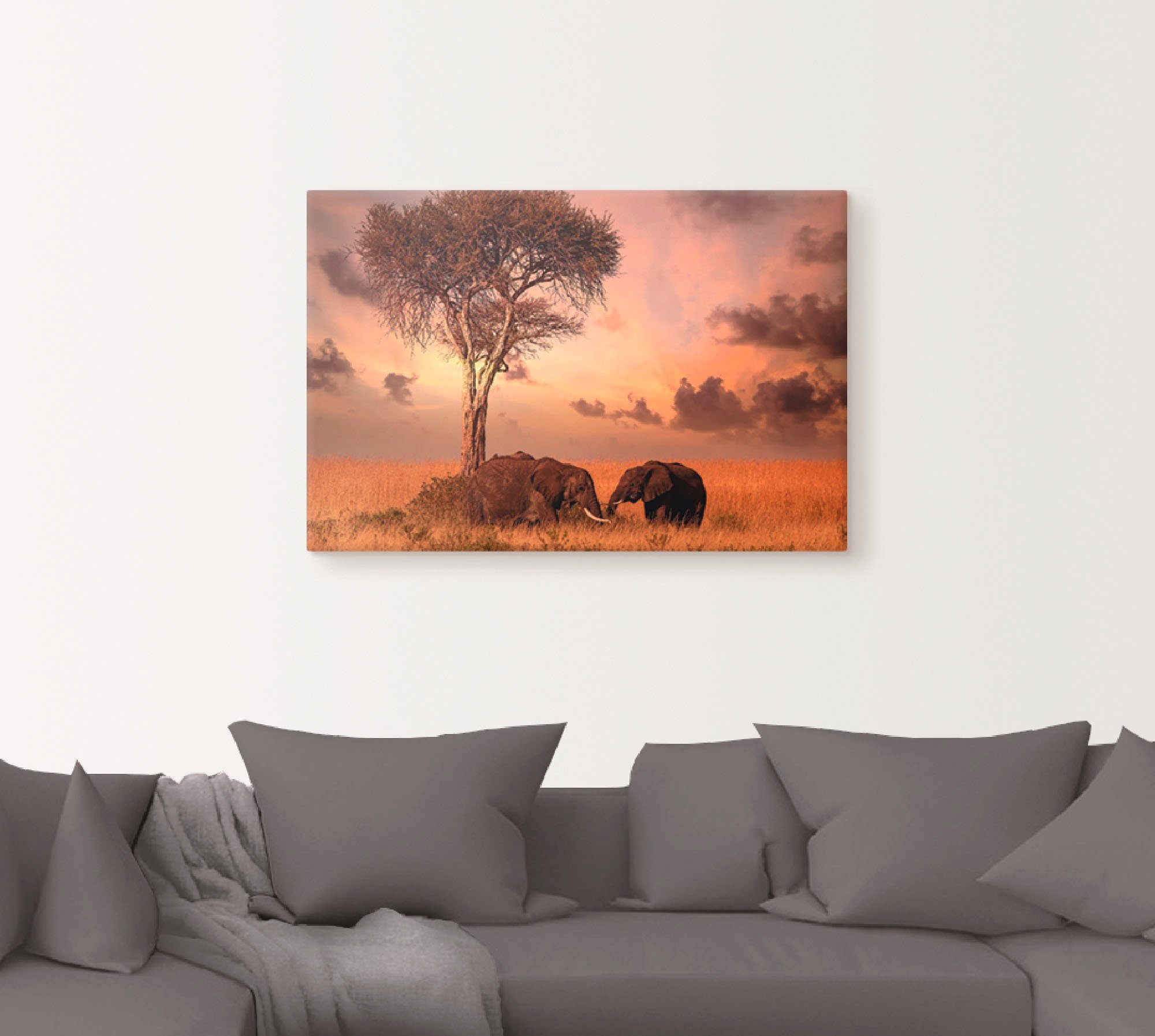Artland Artprint Olifanten bij het avondeten als artprint op linnen, muursticker in verschillende maten