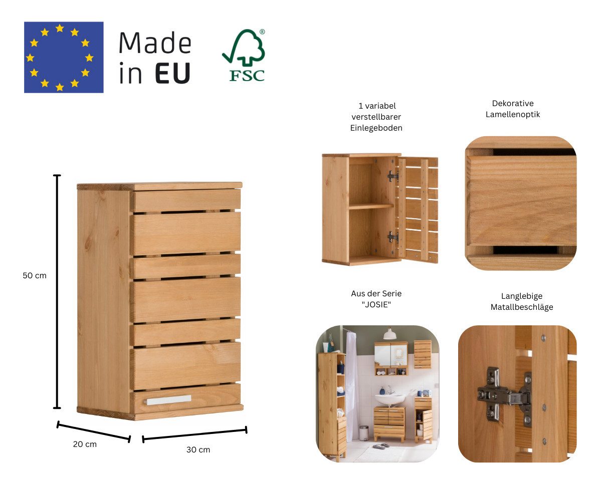Home affaire Hangend kastje Josie Breedte 30 cm, van massief hout, verstelbare plank, metalen greep