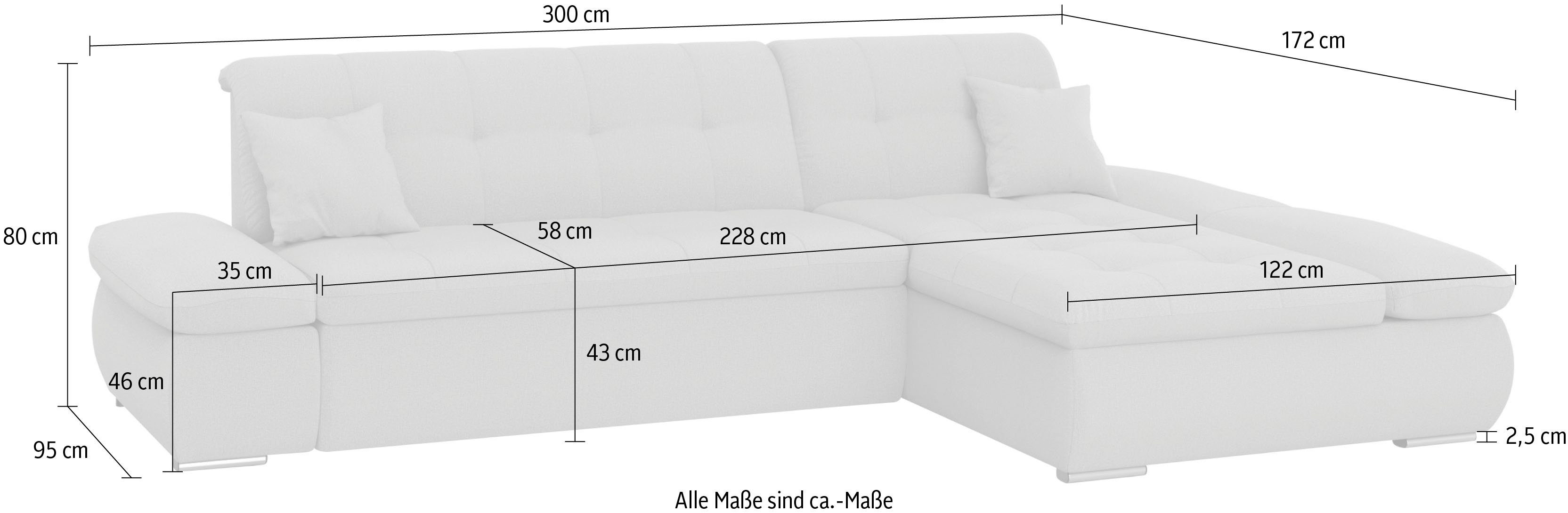 DOMO collection Hoekbank Moric bxdxh 300x172x80 cm, ook in cord, L-model XXL-formaat, optioneel ook met slaapbank functie en verstelling armleuning,