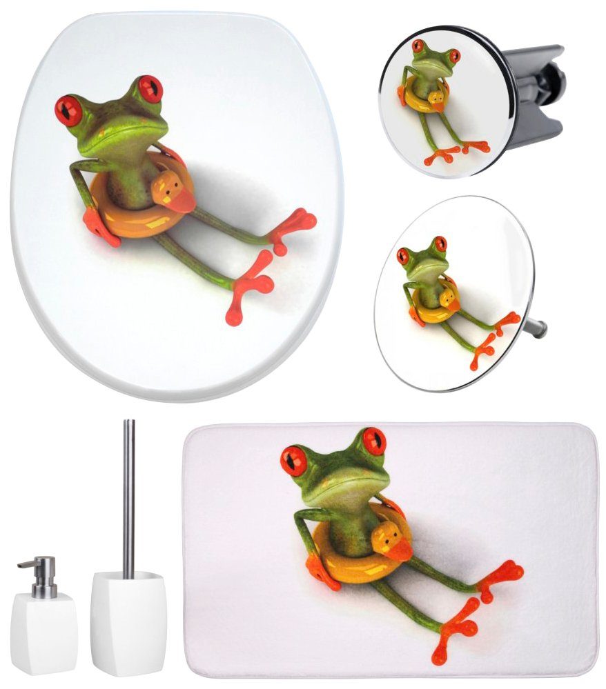 Sanilo Set badkameraccessoires Froggy bestaand uit toiletzitting, badmat, wasbak- en afvoerstop voor de badkuip, zeepdispenser en toiletborstel (complete set, 6-delig)
