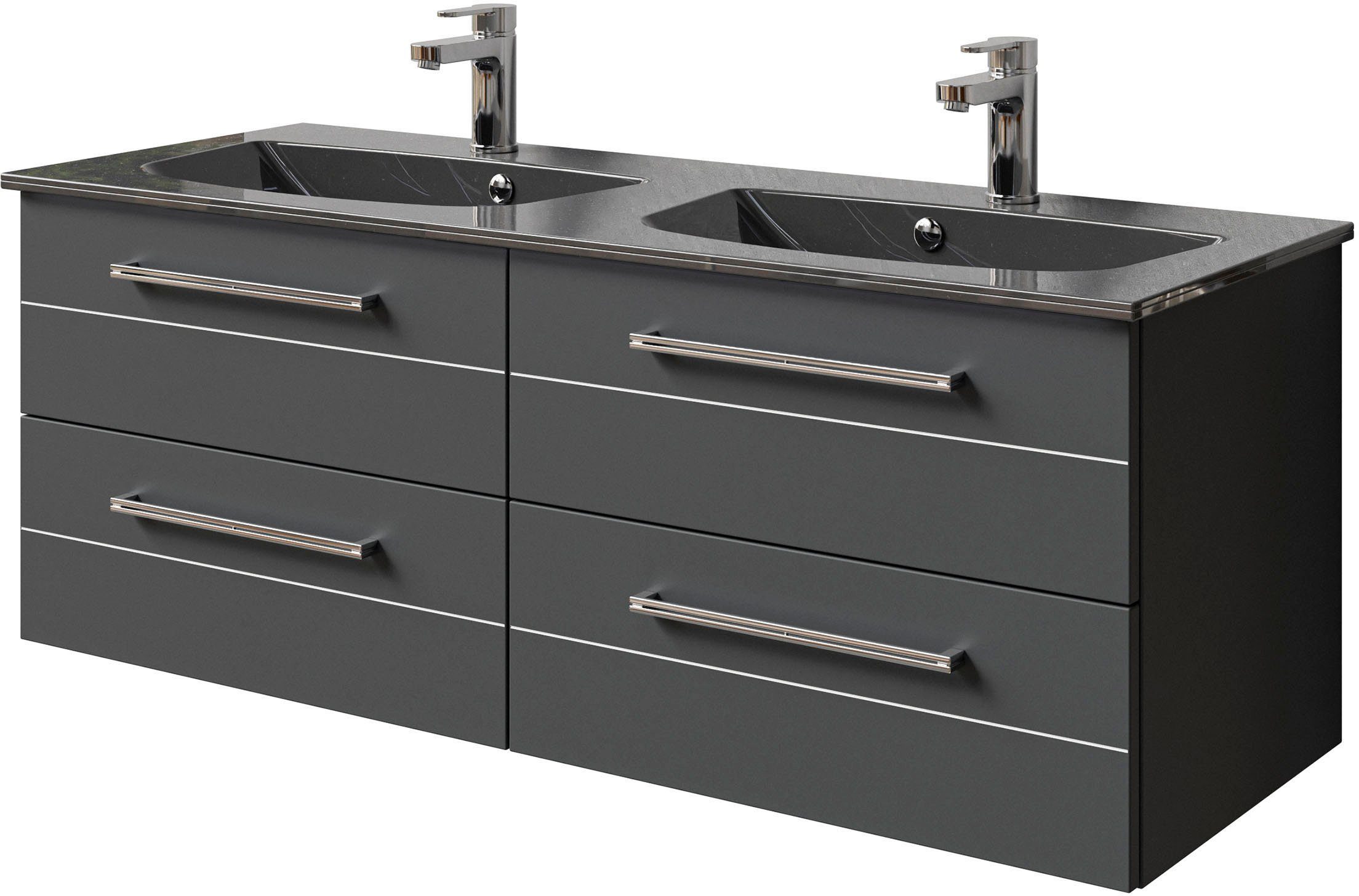 Saphir Wastafelonderkast Serie 6025 mineraalmarmeren wastafel met onderkast, 132 cm breed Dubbele wastafel met 4 lades, hangend, verschillende
