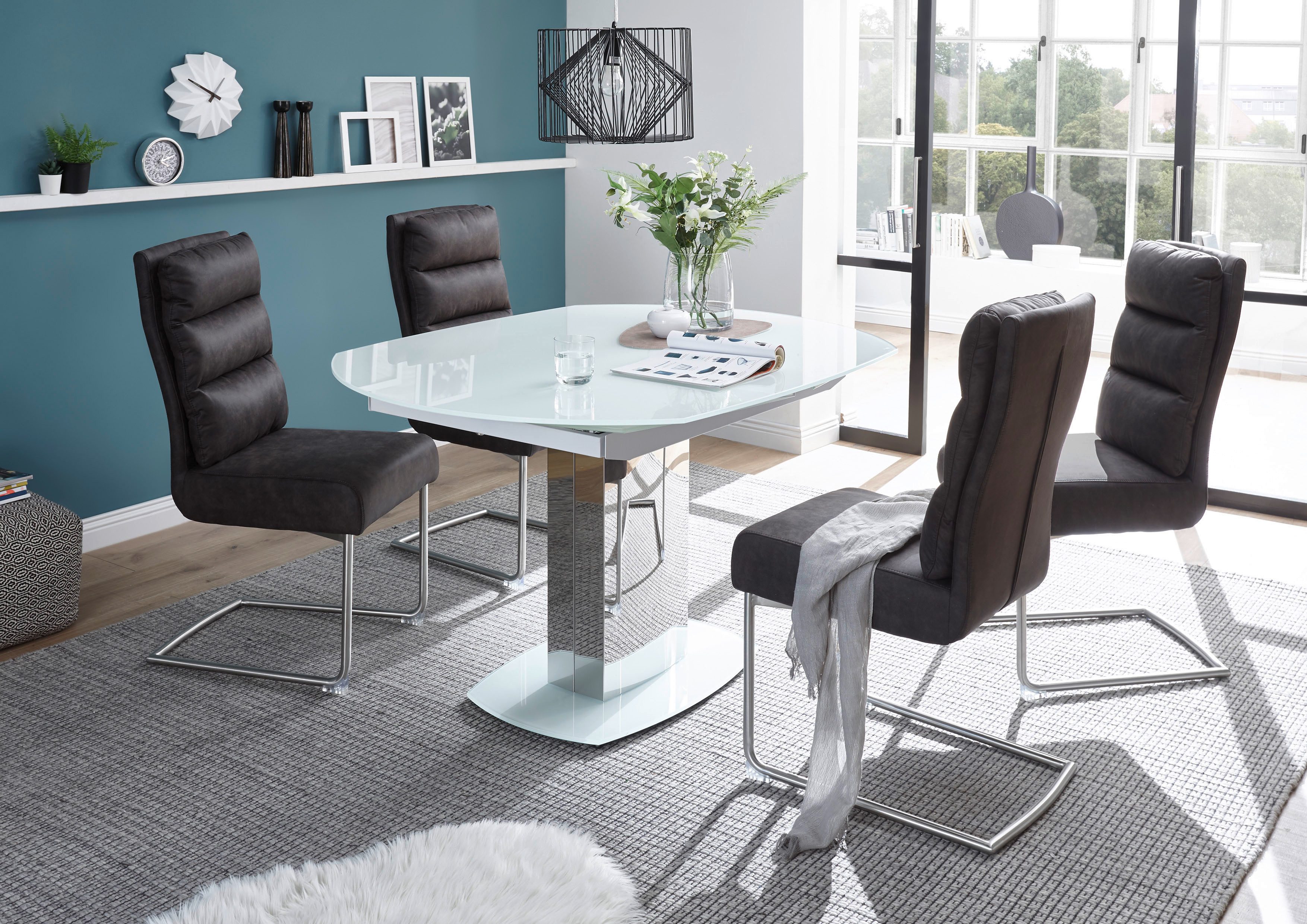 Stolkom Eettafel Jackson glazen tafel wit, uitschuifbare tafel, BxHxD 130-190x75x105 cm