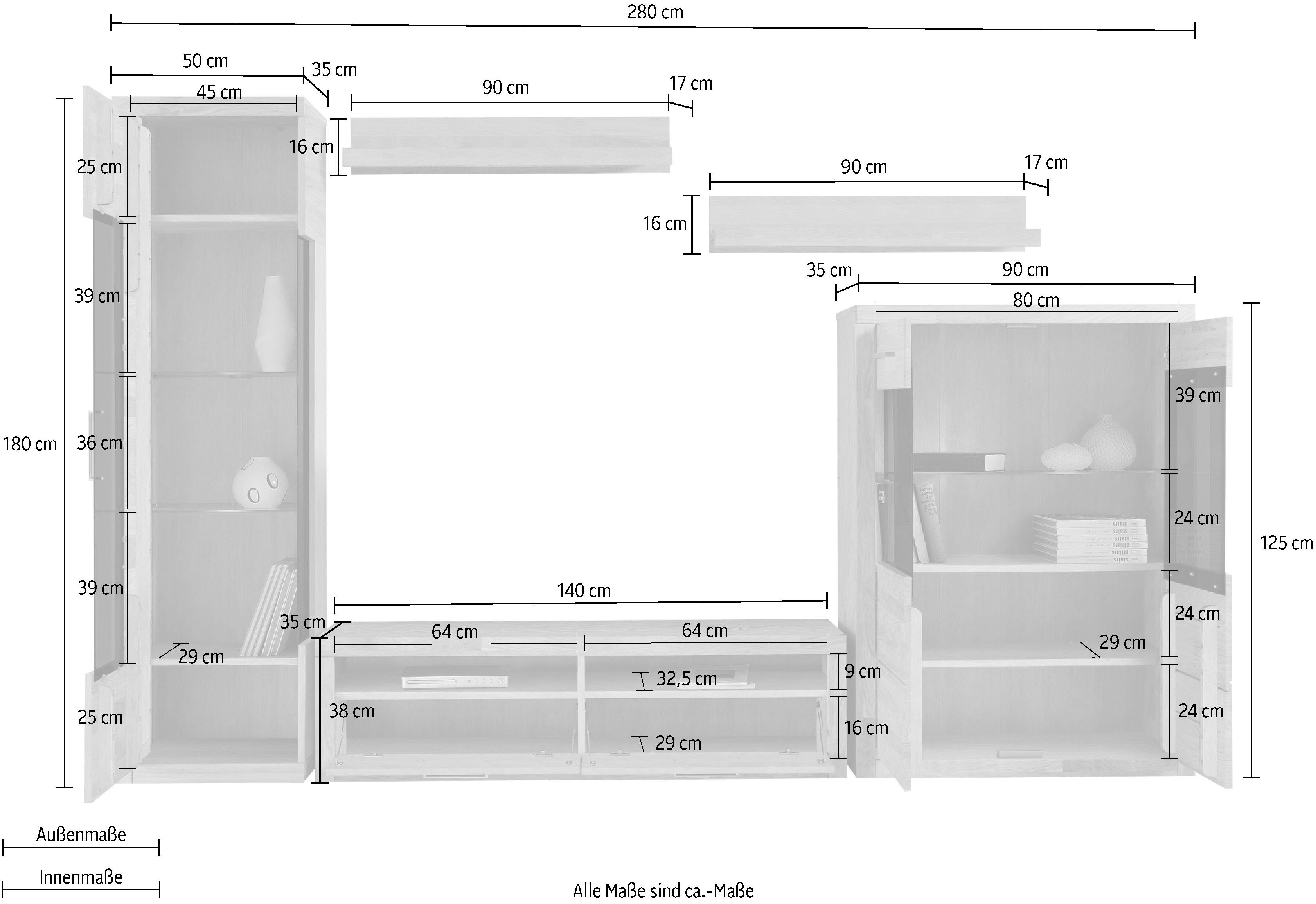 Home affaire Wandmeubel Ribe,Set-5 st.,Massieve bovenplaten,veel opbergruimte Glazen inzet van gehard glas, planken gedeeltelijk verstelbaar (set, 5-delig)