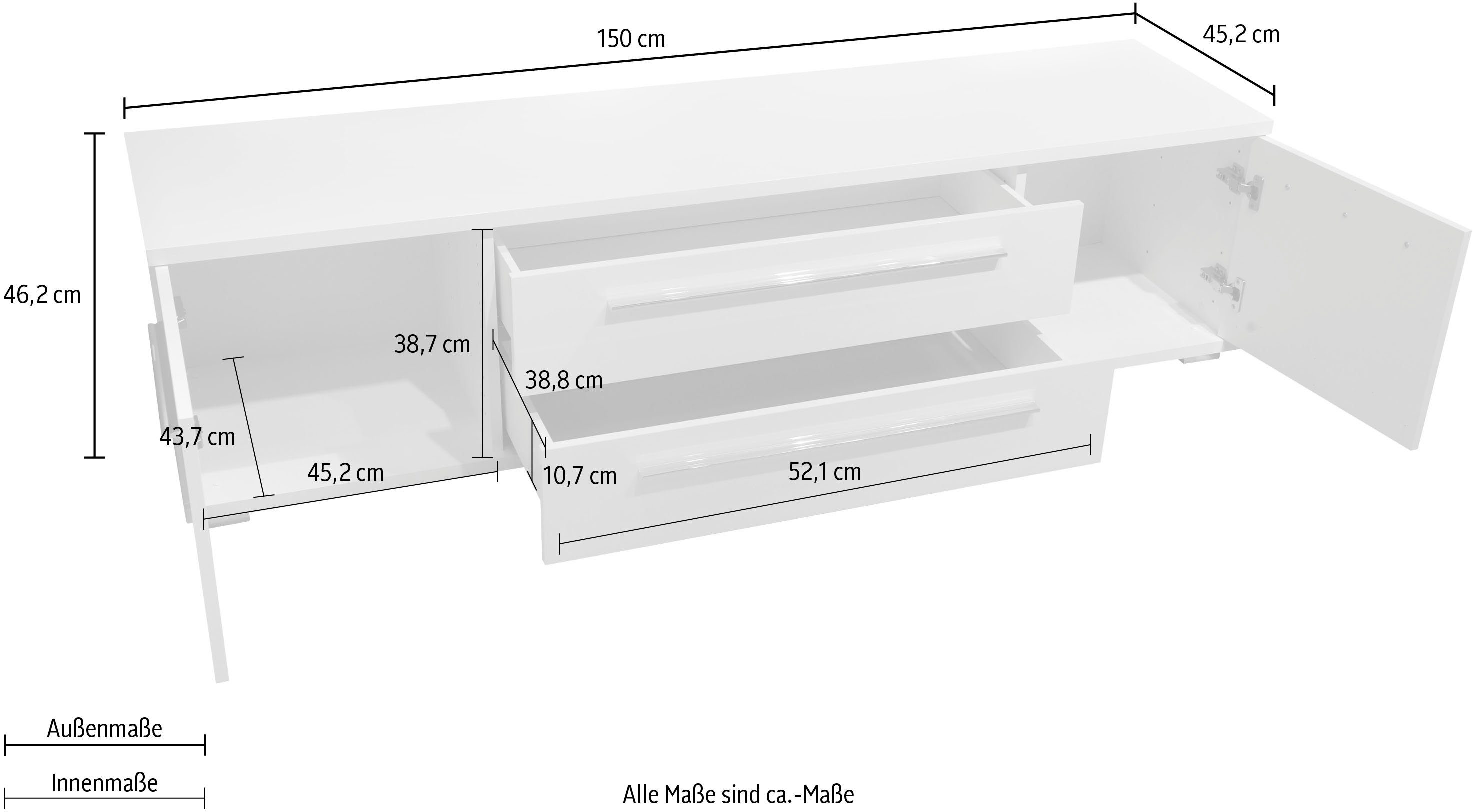 Places of Style Tv-meubel Piano TV-kast in breedte 165 of 180 cm met soft-close functie Hoogglans UV-gelakt, Br 180 cm met verschillende deur- en ladeafmetingen