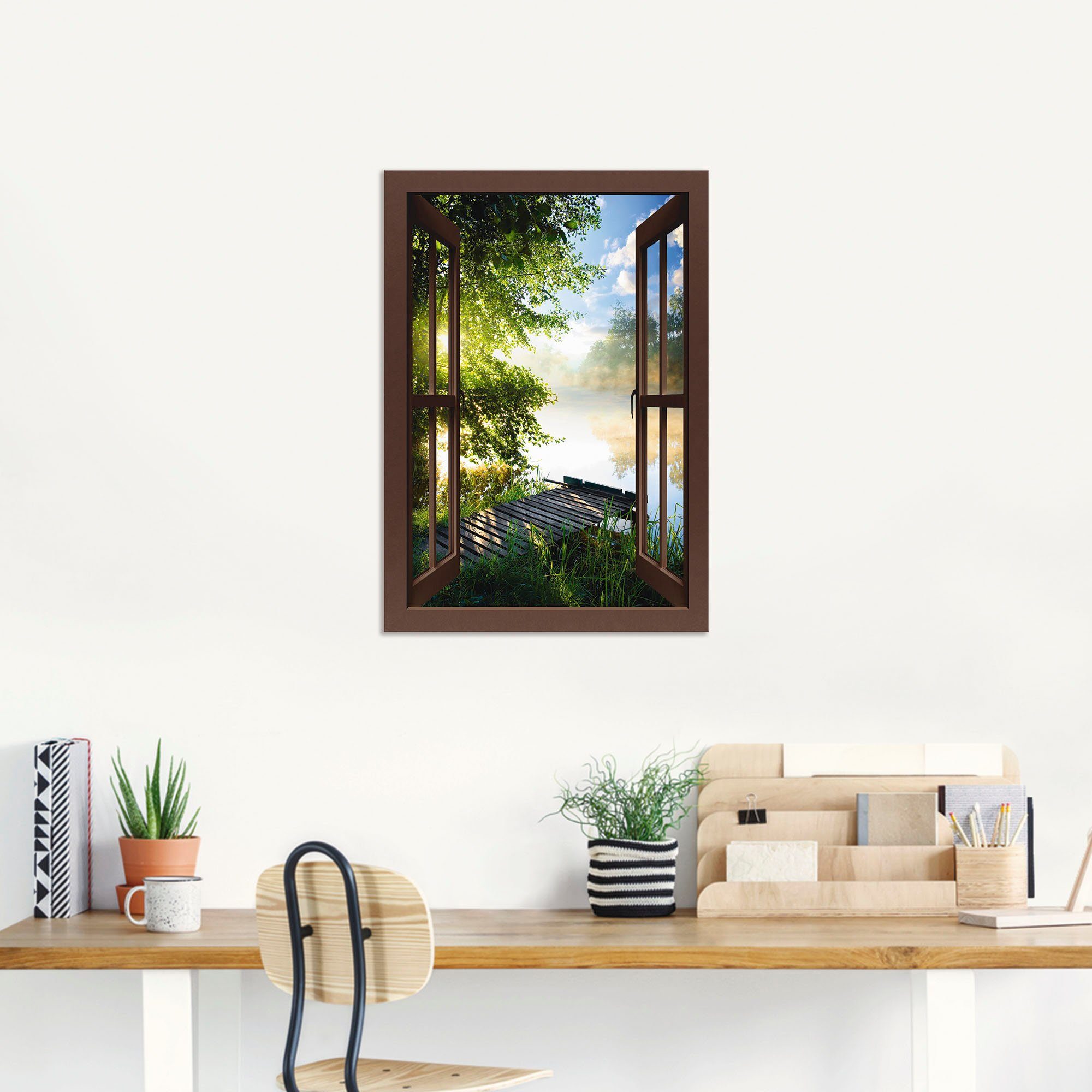 Artland Artprint Blik uit het venster visplek bij de rivier als artprint van aluminium, artprint voor buiten, artprint op linnen, poster, muursticker