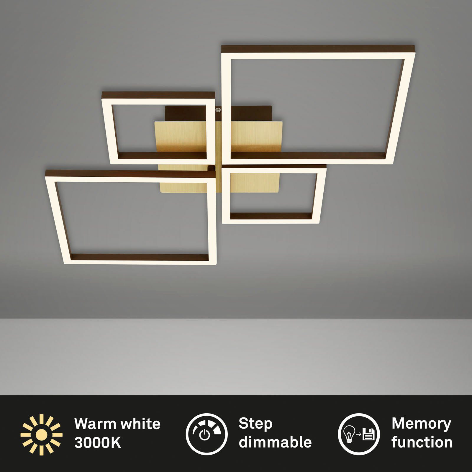 Briloner Leuchten Led-plafondlamp 3128017 FRAME Geheugenfunctie, dimbaar, draaibaar, 3000K warmwit, goudkleur-bruin