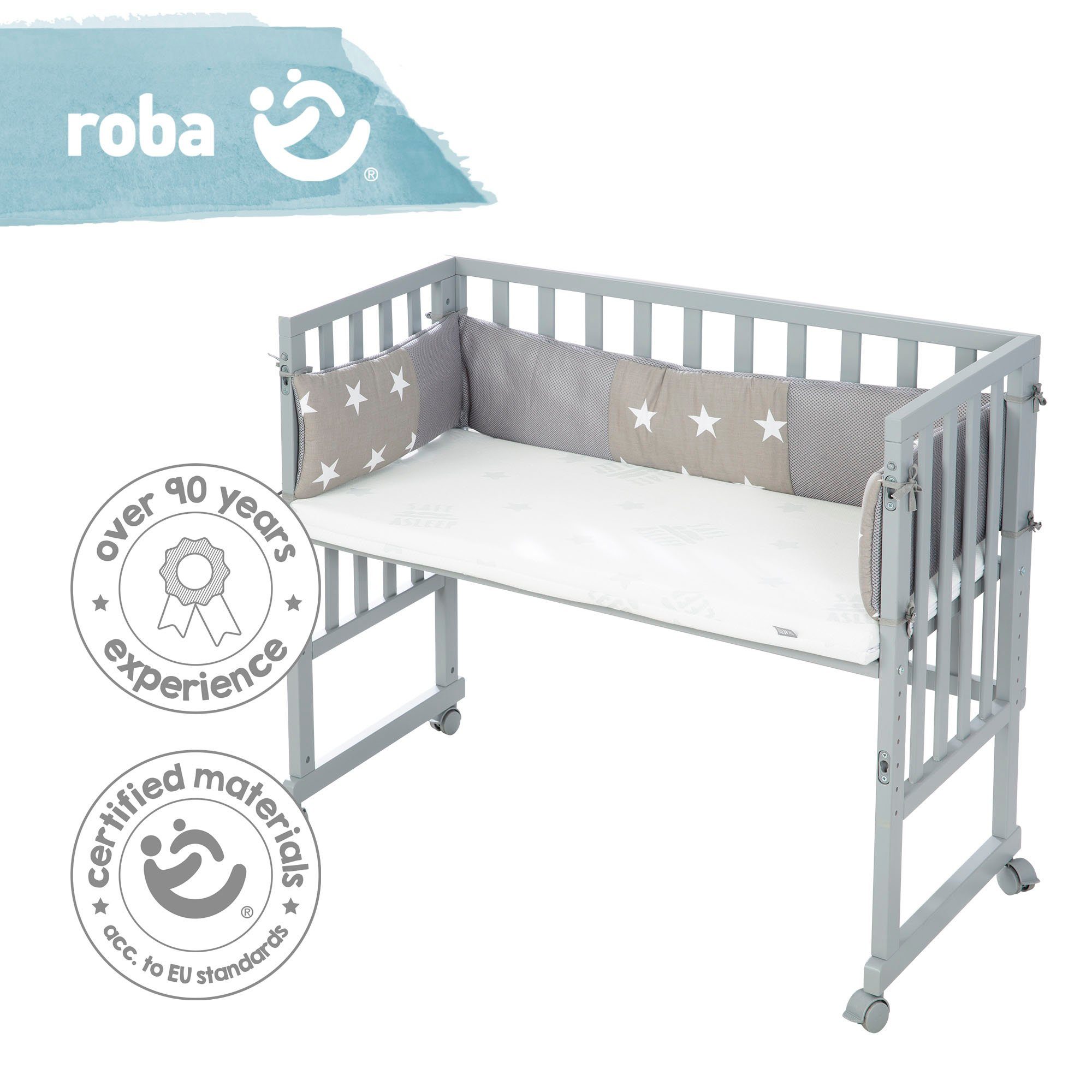 Roba® Wieg Safe Asleep® 2-in-1, taupe, Little sterren met 4 wieltjes, matras, hoofdbeschermer en veiligheidsbarrière