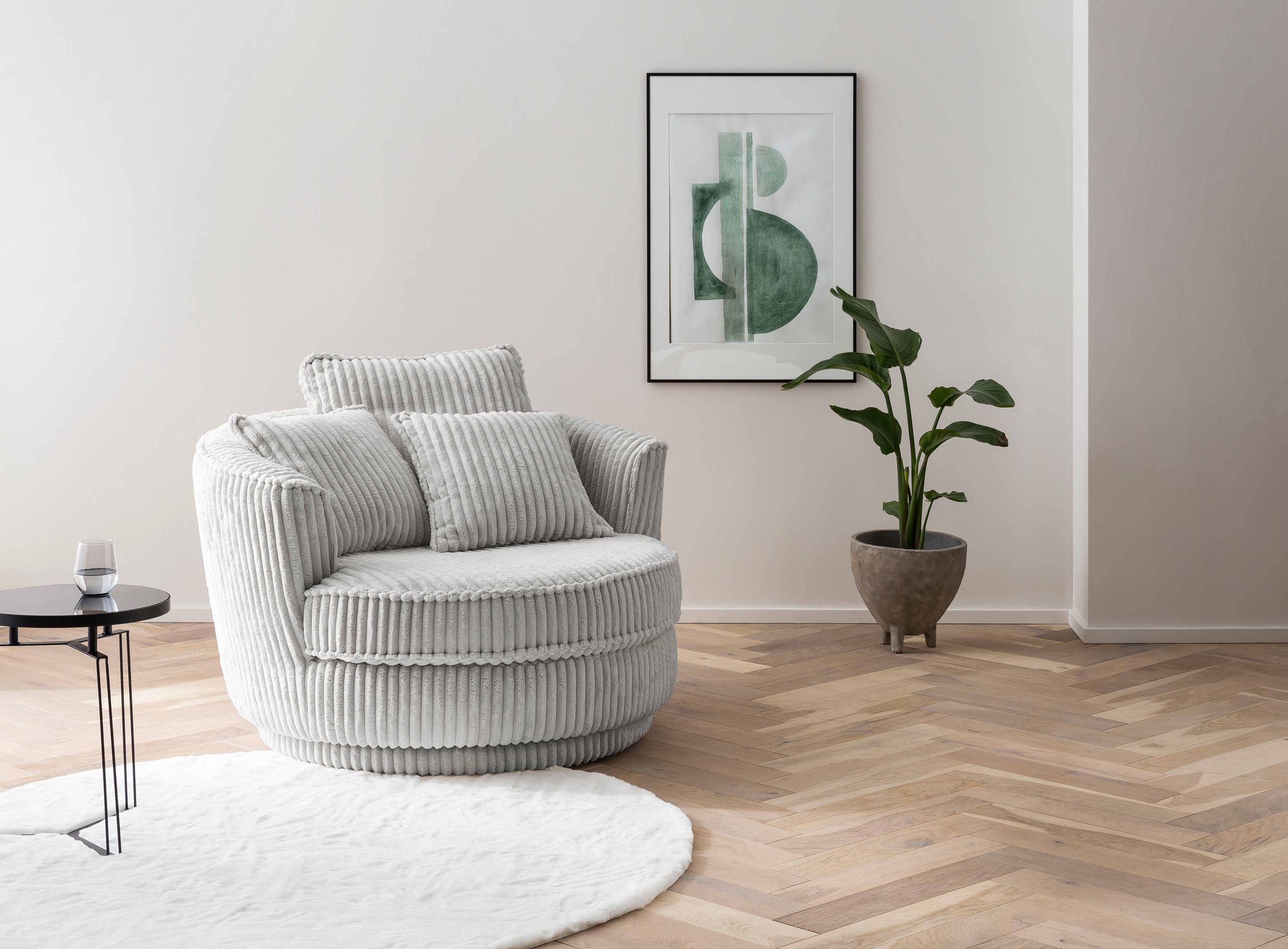 Leonique Draaibare fauteuil MAISIE, Love Seat XXL, leesfauteuil BIG- Zetel in MEGA CORD en geweven velours, 360 graden draaibaar fauteuils grijs