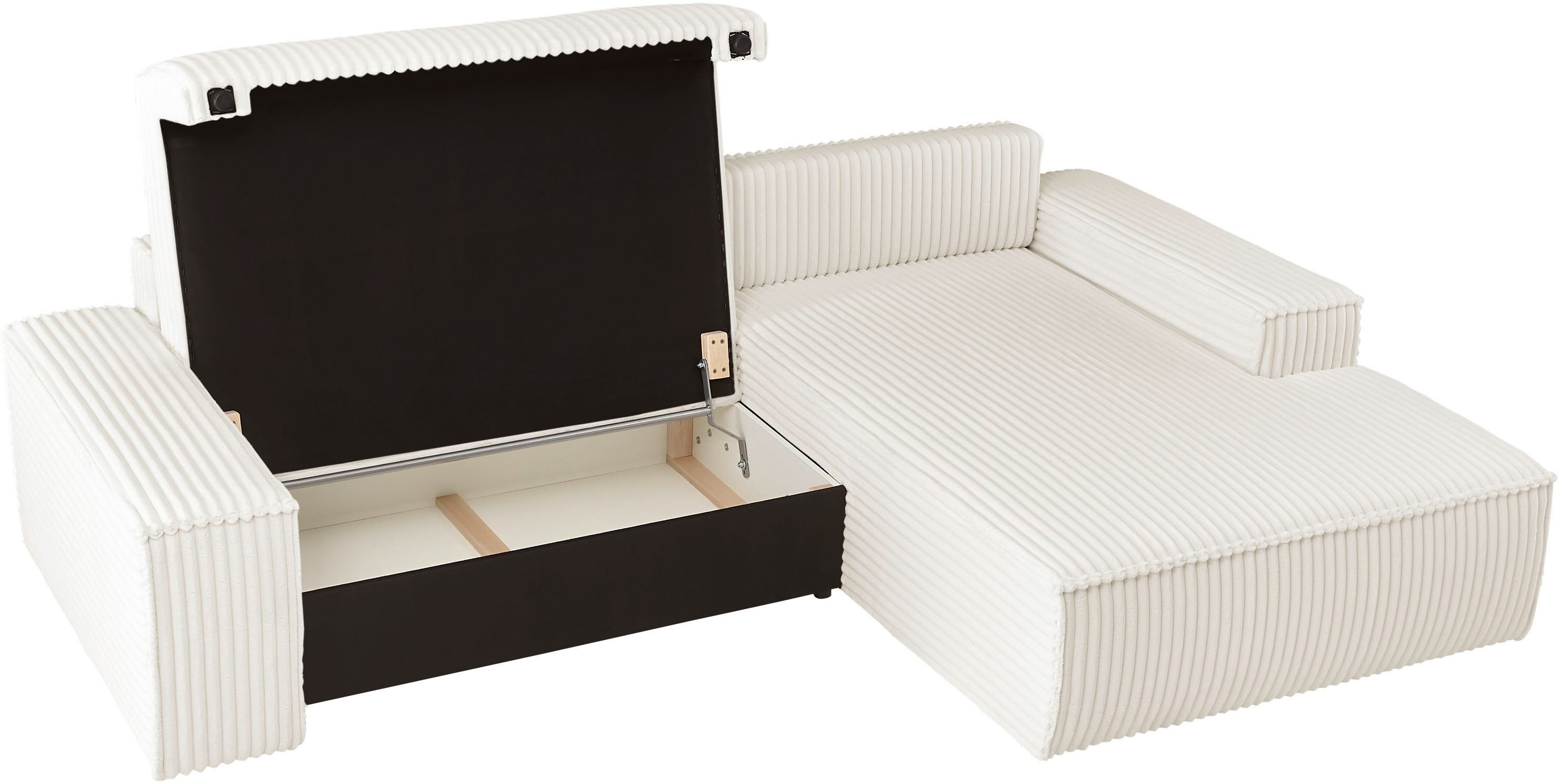 andas Hoekbank FINNLEY Slaapbank 267 cm, L-vorm met Slaapfunctie & Bedlade beschikbaar in de stofkwaliteiten bouclé, structuur fijn en mega cord