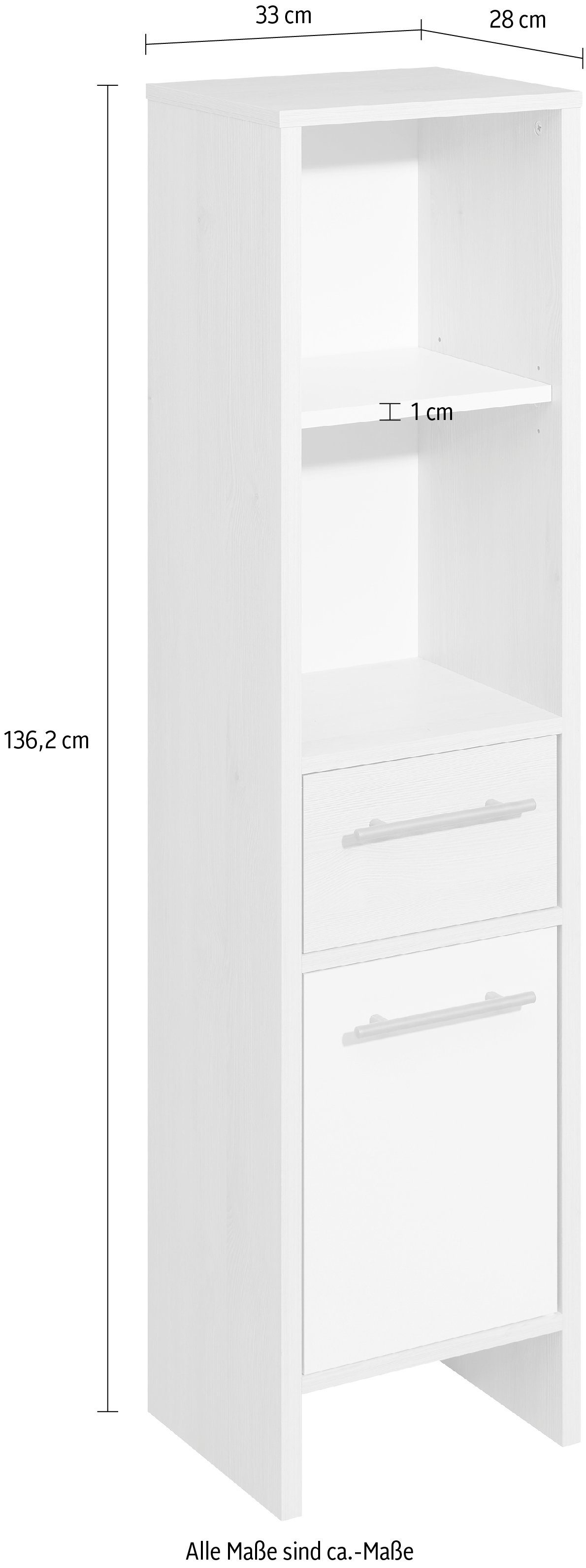 Saphir Halfhoge kast Quickset 350 Badkamermeubel 33 cm breed, 1 deur, 1 lade, 2 planken Badkamer midikast, licht dennenhout Ida, handgrepen in aluminiumkleur (1 stuk)