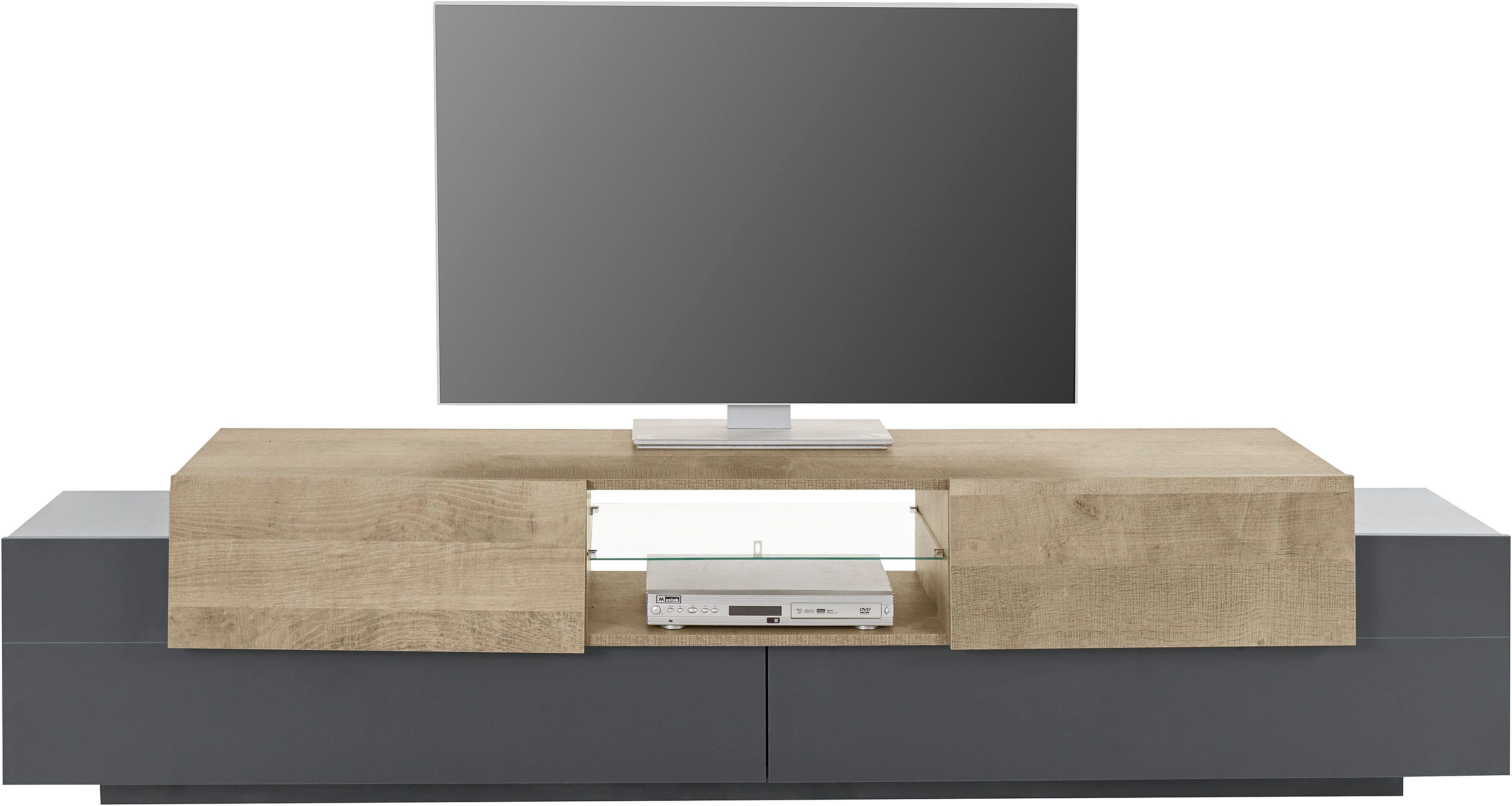 INOSIGN Tv-meubel Coro, lowboard, TV-commode, TV-meubelen, TV-bank met 2 kleppen, 2 deuren, 1 glazen plank, breedte 220