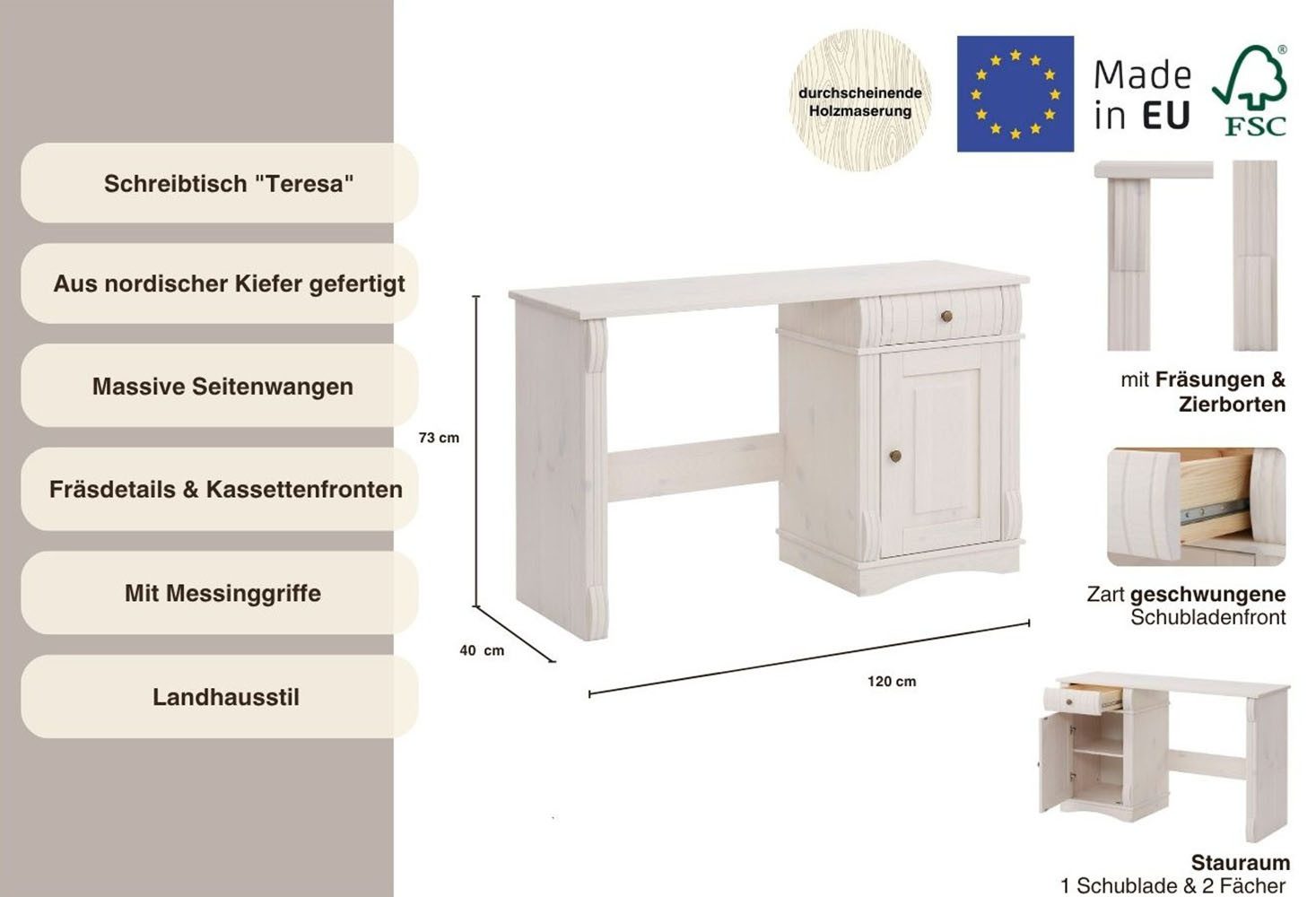 Home affaire Bureau Teresa Computertafel met lades, massief hout, breedte 120 cm