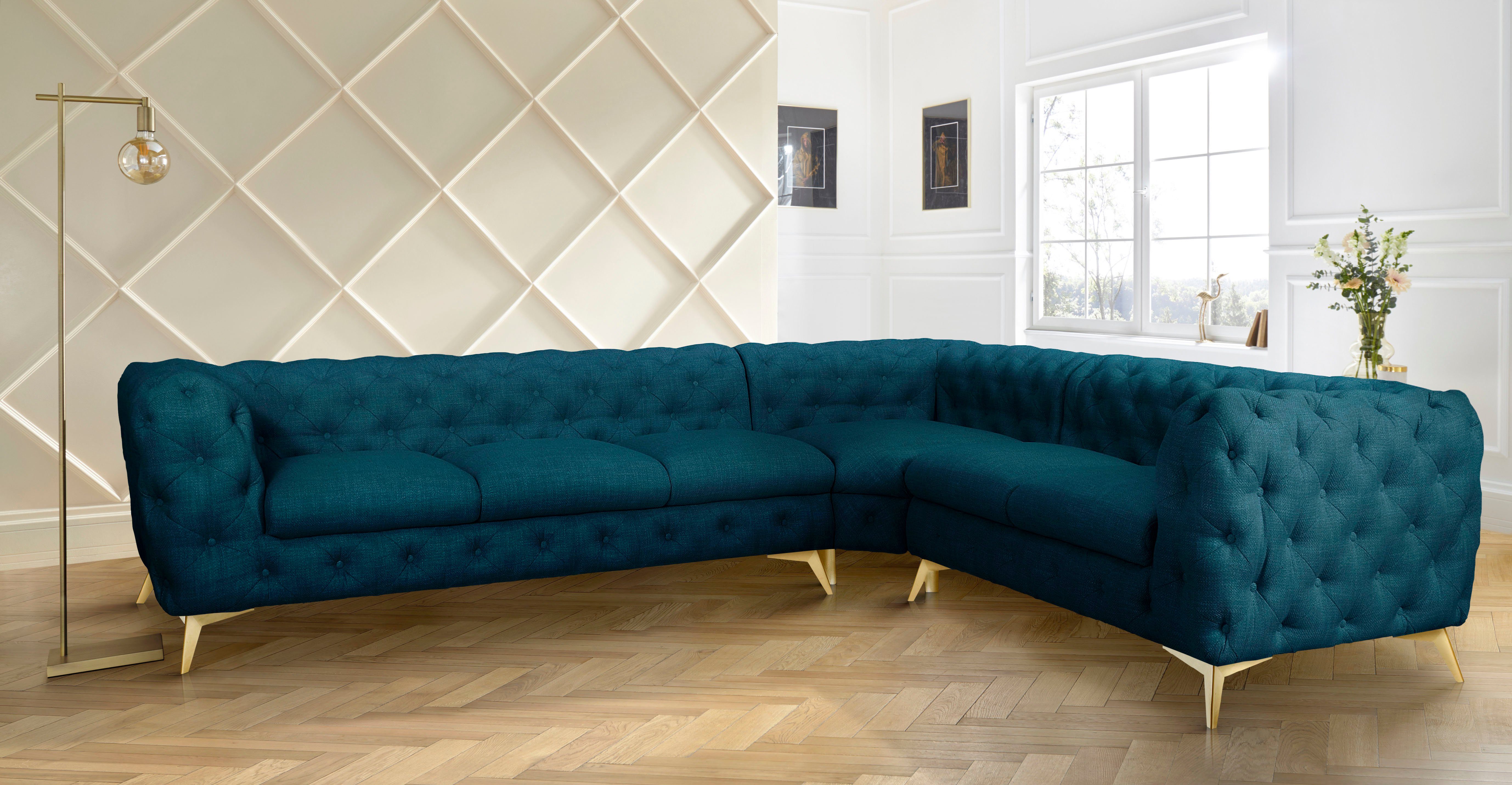 Leonique Chesterfield-bank Glynis L-vorm luxueuze capitonnage, moderne chesterfield look, kleur van de poten ter keuze