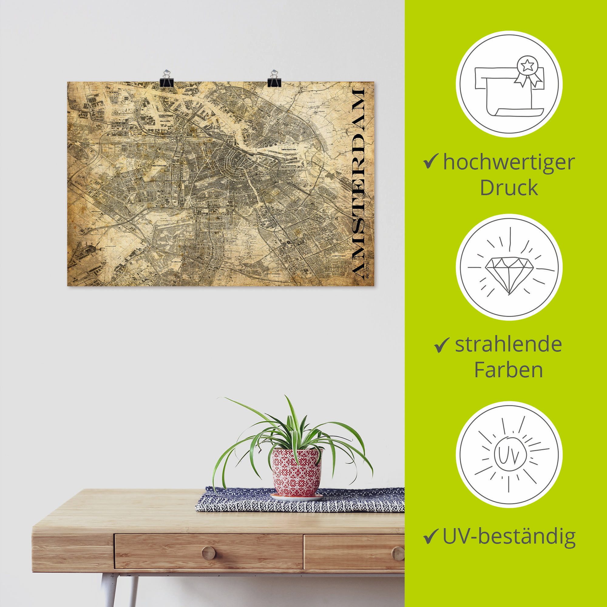 Artland Poster Amsterdam kaart straten kaart Sepia als artprint van aluminium, artprint op linnen, muursticker of poster in verschillende maten