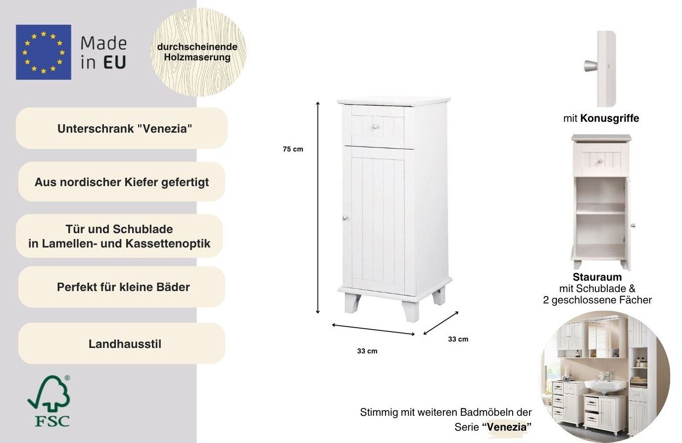 welltime Onderkast Venezia rustiek Badmeubel, van massief grenen, 1 deur, 1 lade, breedte 33 cm