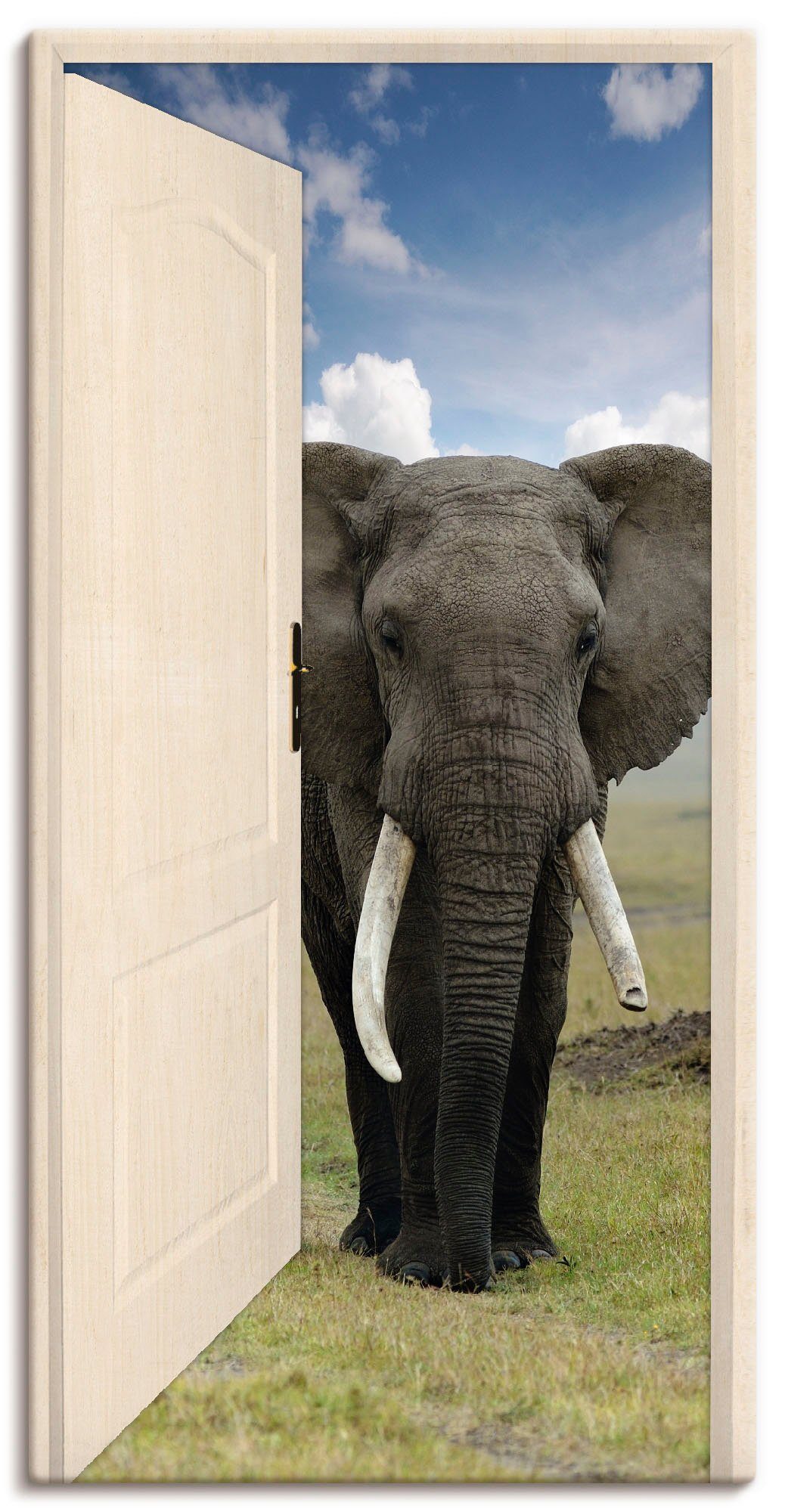 Artland Artprint Open witte deur met blik op olifant in vele afmetingen & productsoorten - artprint van aluminium / artprint voor buiten, artprint op linnen, poster, muursticker /