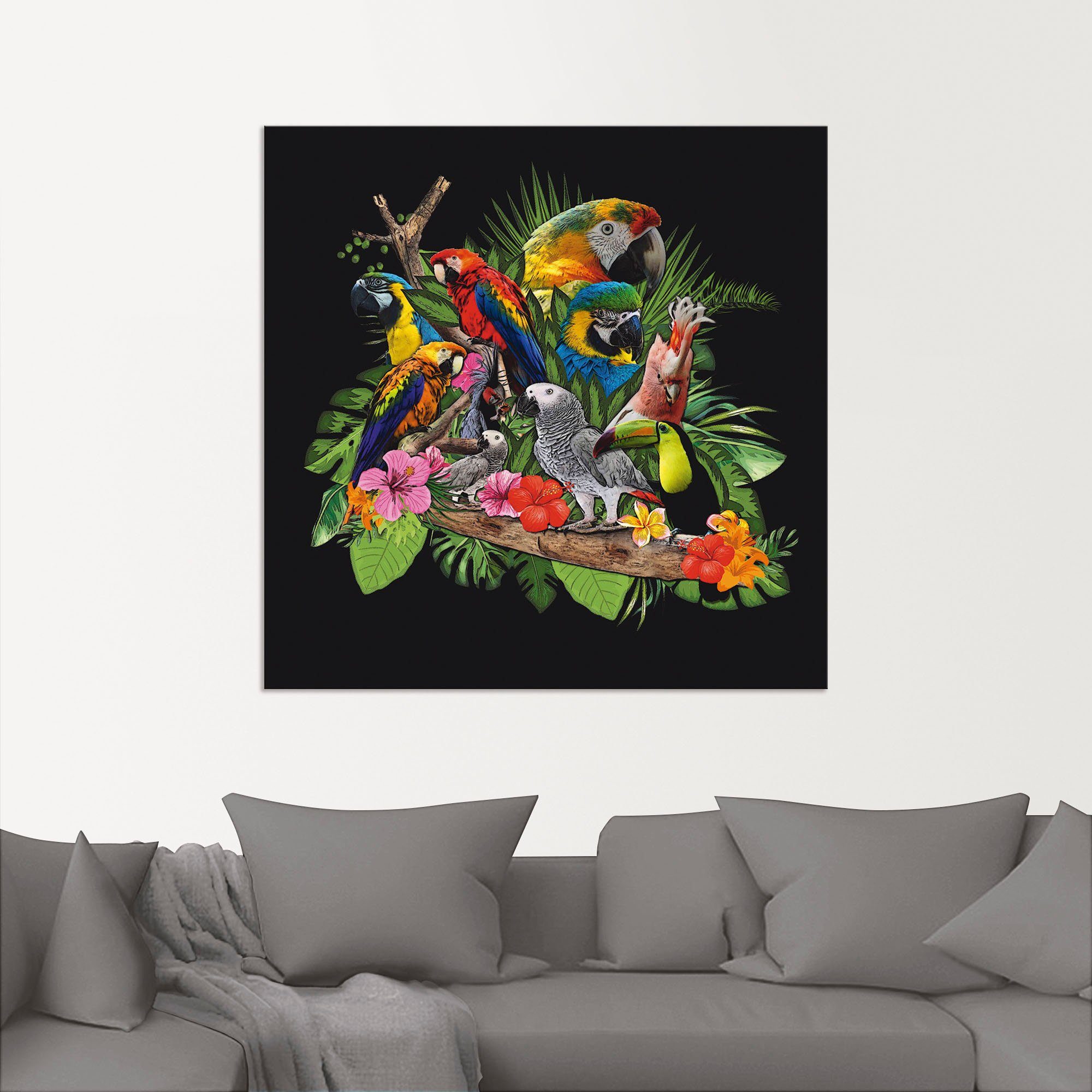 Artland Artprint Papegaaien Grijze Papegaai Kaketoe Jungle als artprint van aluminium, artprint voor buiten, artprint op linnen, poster, muursticker