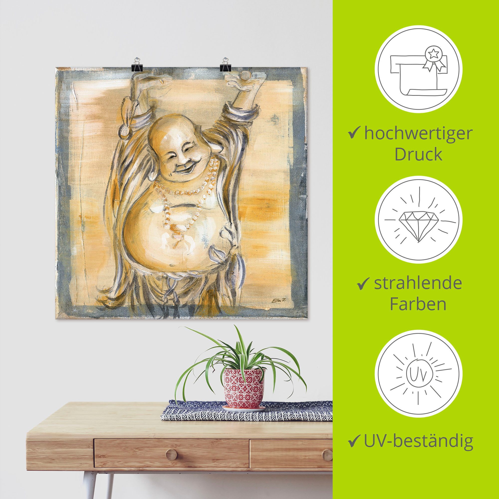 Artland Artprint Vrolijke boeddha II als artprint van aluminium, artprint voor buiten, artprint op linnen, poster, muursticker