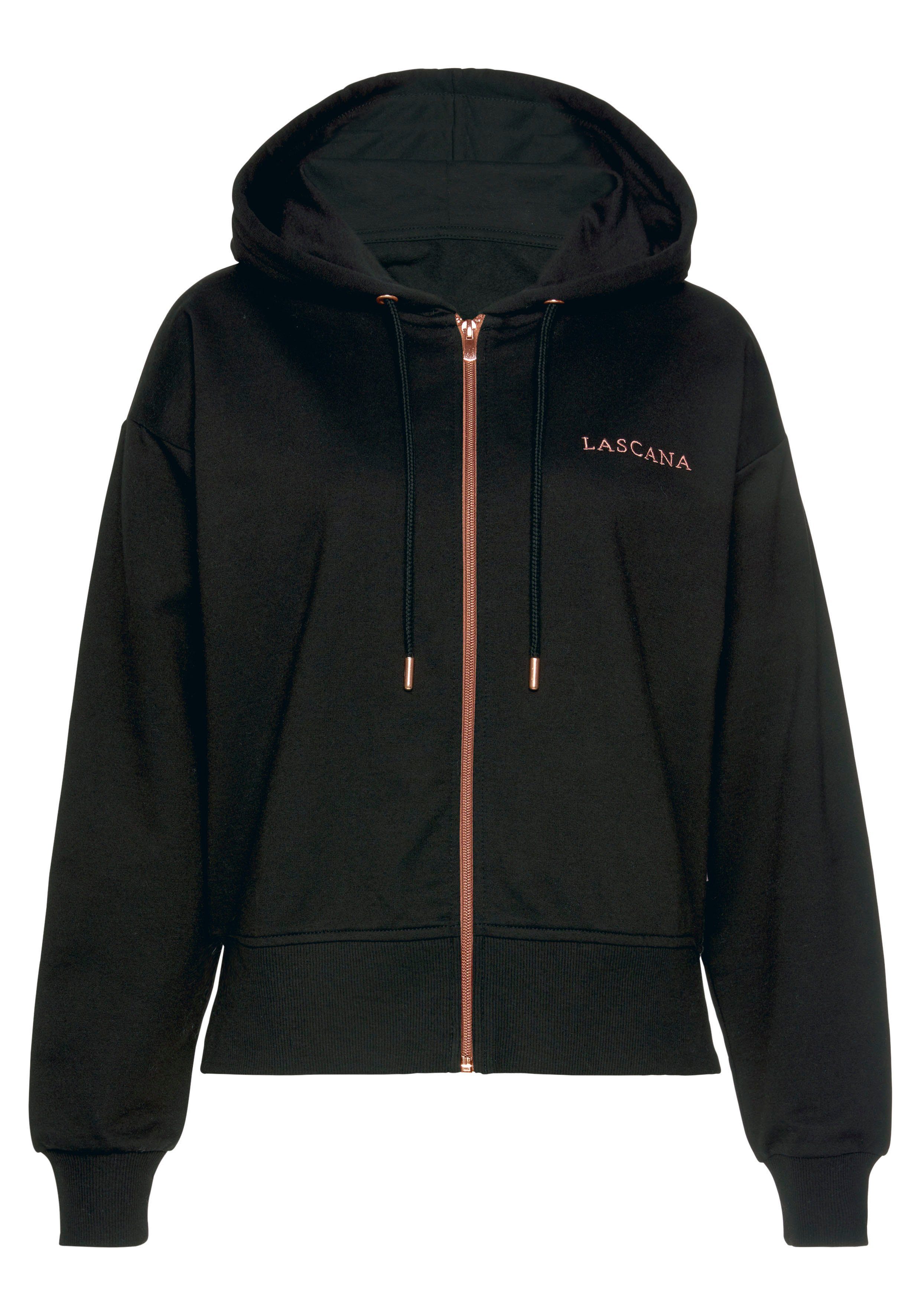 Lascana Capuchonsweatvest Homewear met koperkleurige rits en logo-borduursel, loungewear