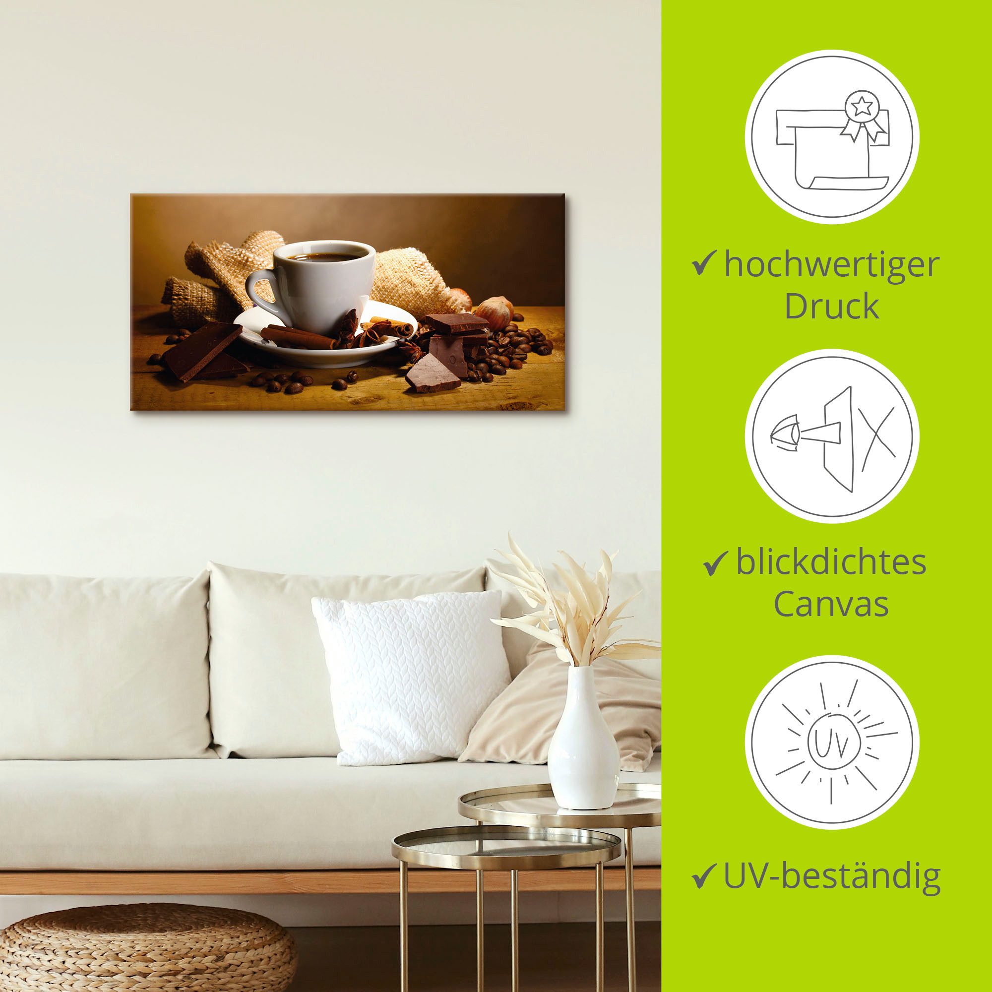 Artland Artprint Koffiekopje pijpje kaneel noten chocolade als artprint op linnen, poster, muursticker in verschillende maten