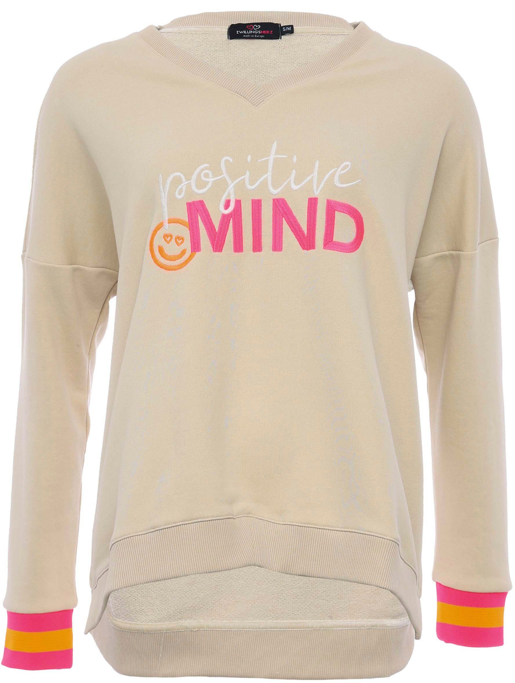 Zwillingsherz Sweatshirt met v-hals, "positive mind"-borduursel en neonkleurige boorden