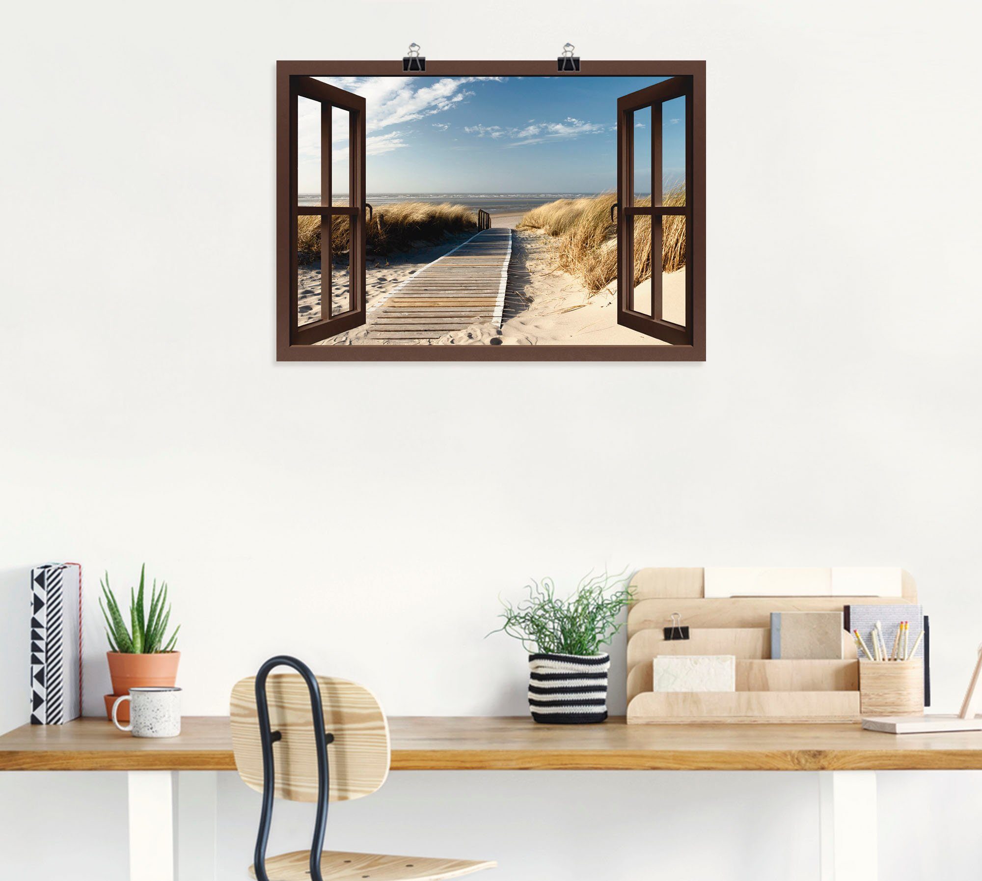 Artland Artprint Blik uit het venster Noordzeestrand op Langeoog als artprint op linnen, poster, muursticker in verschillende maten
