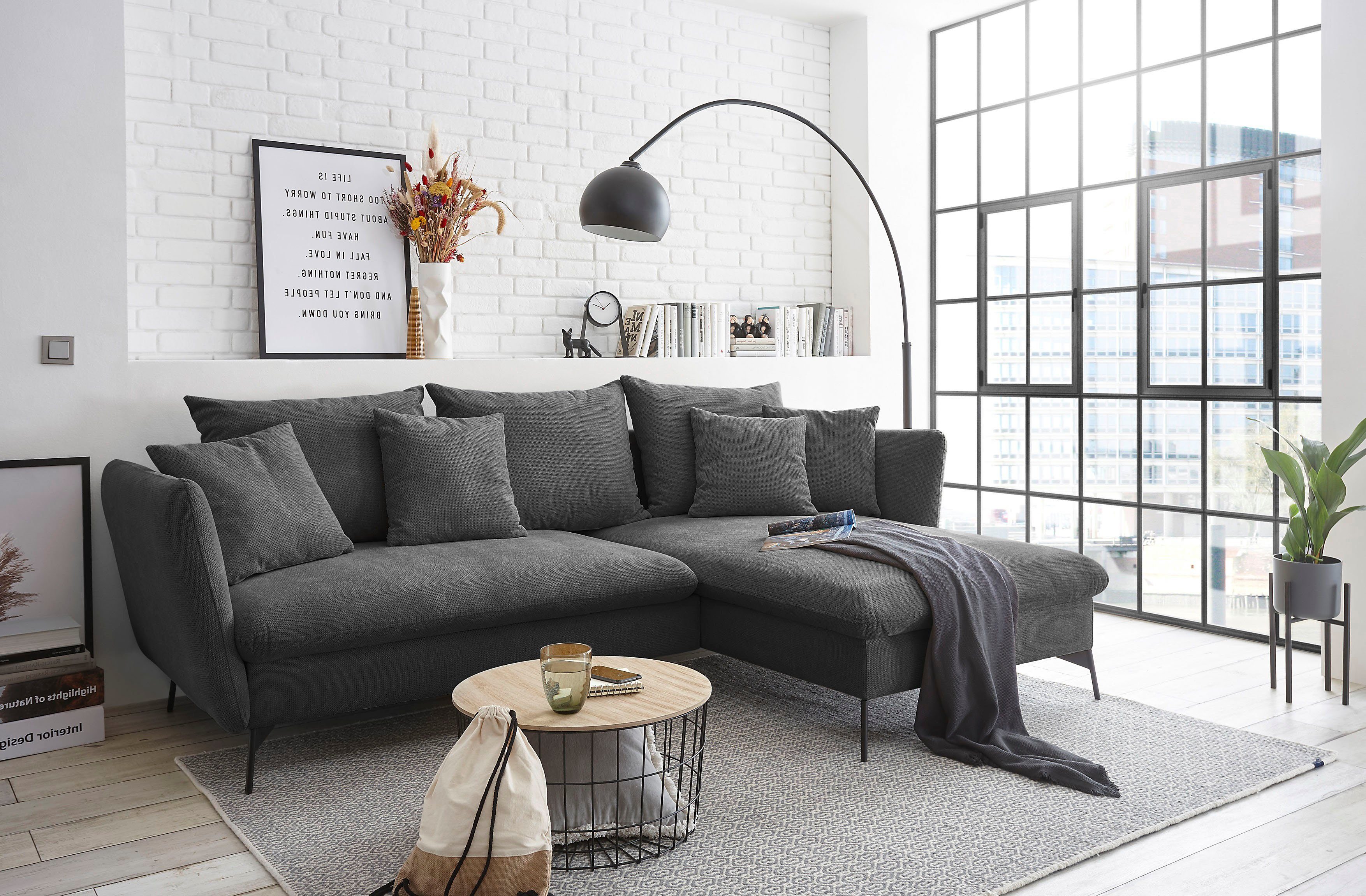 andas Hoekbank LIVORNO,258 cm, L-model, Slaapfunctie en bedlade (139/224 cm), fluweel, structuur, geweven stof
