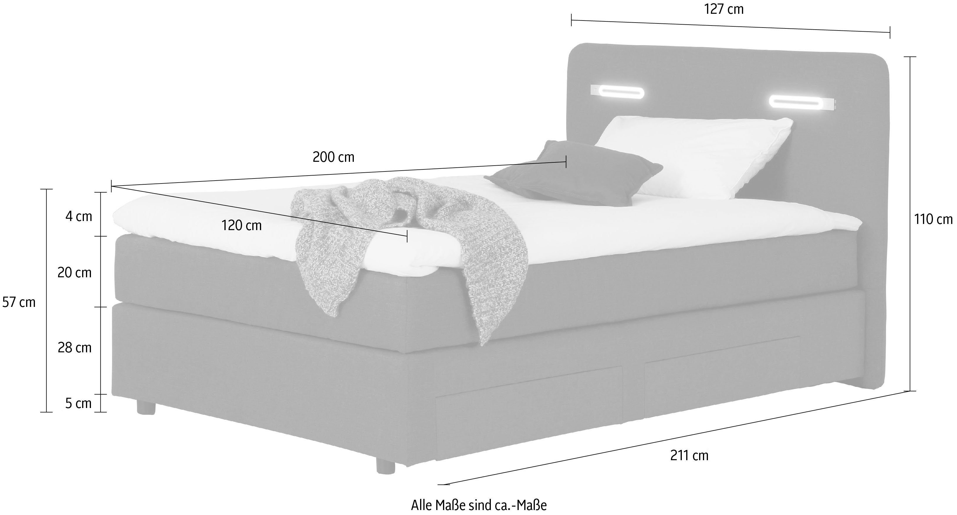 INOSIGN Boxspring Luan Laden, ledverlichting en topmatras, in breedte 120 cm en 180 cm