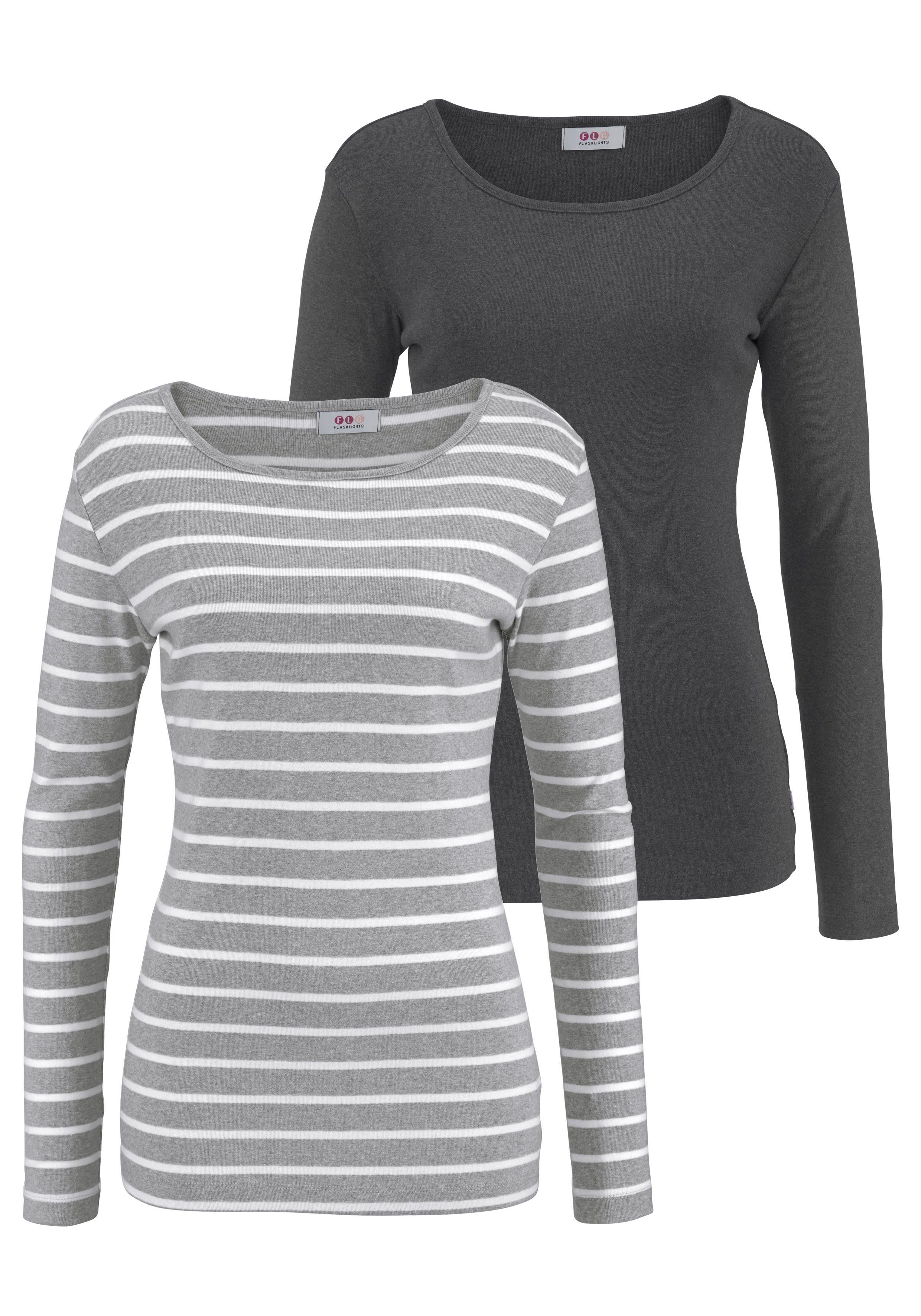 Flashlights Shirt met lange mouwen Lange mouwen, zeer figuurvolgende snit, van 100% katoen (2-delig, Set van 2) dames longsleeves maat 40/42 (M)