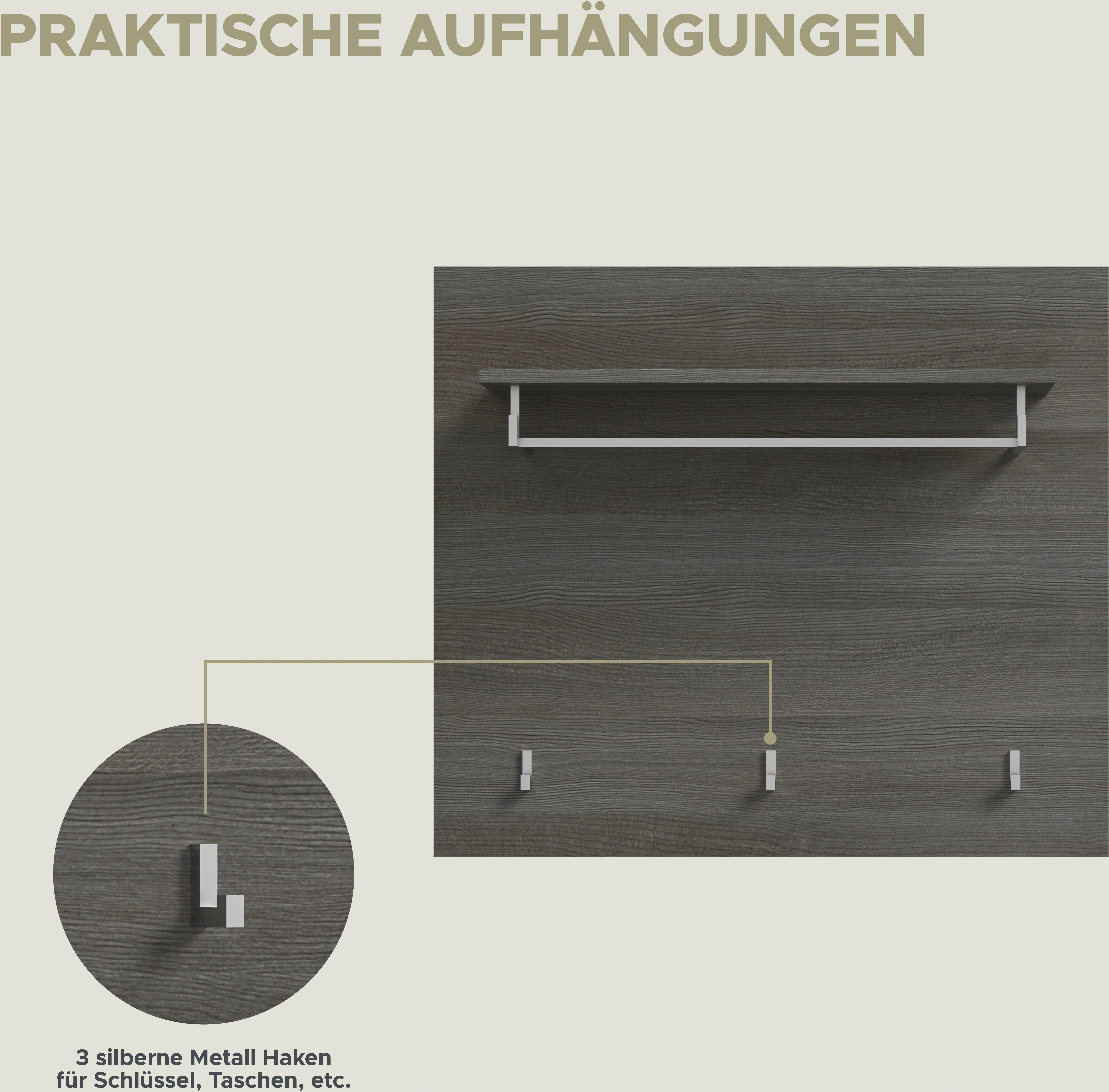 INOSIGN Kapstokpaneel Rumba, Breedte 80cm, 3 haken, 1 kledingstang, 1 legplank