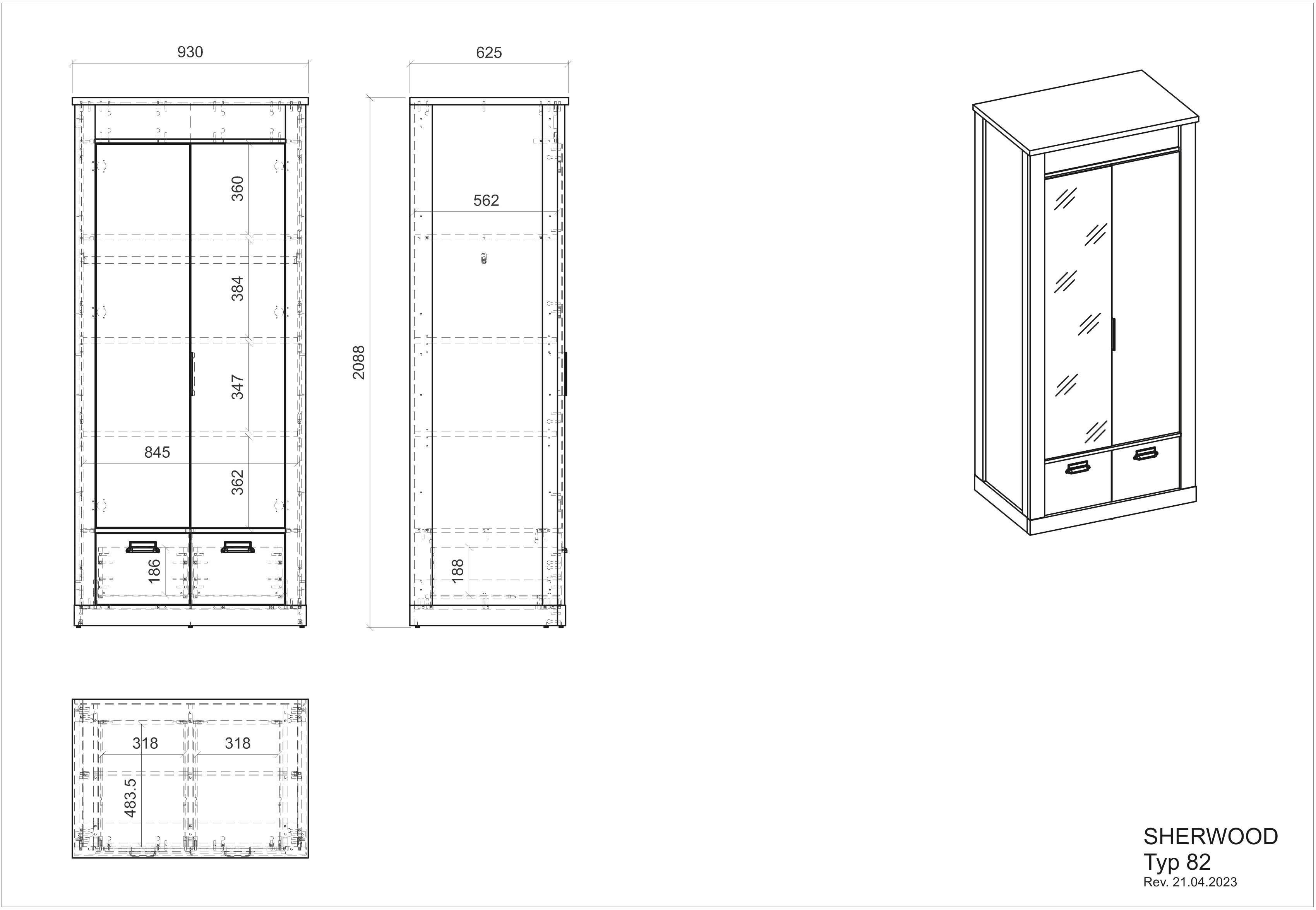 Home affaire Kledingkast SHERWOOD linn kast garderobe met spiegel kan worden gebruikt met kledingstang of legplanken, breedte 93 cm