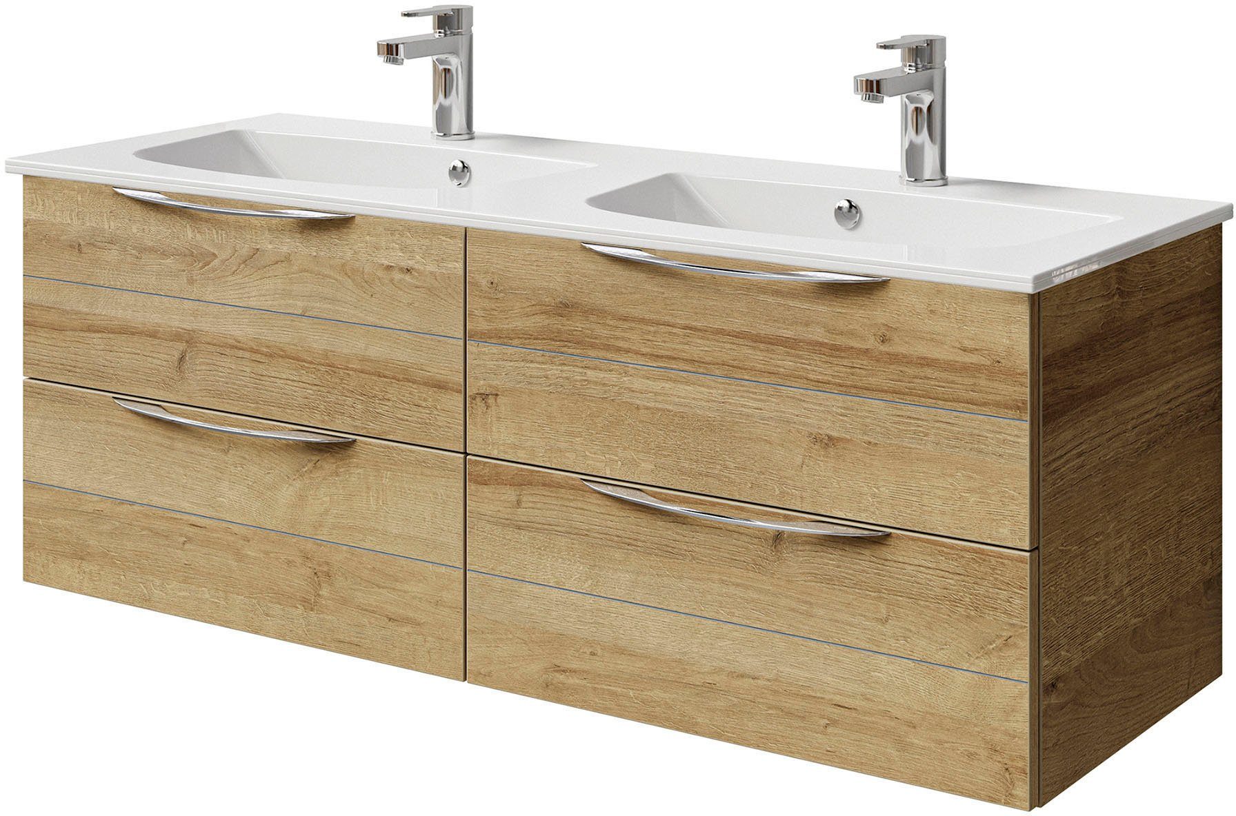 Saphir Wastafelonderkast Serie 6025 mineraalmarmeren wastafel met onderkast, 132 cm breed Dubbele wastafel met 4 lades, hangend, verschillende