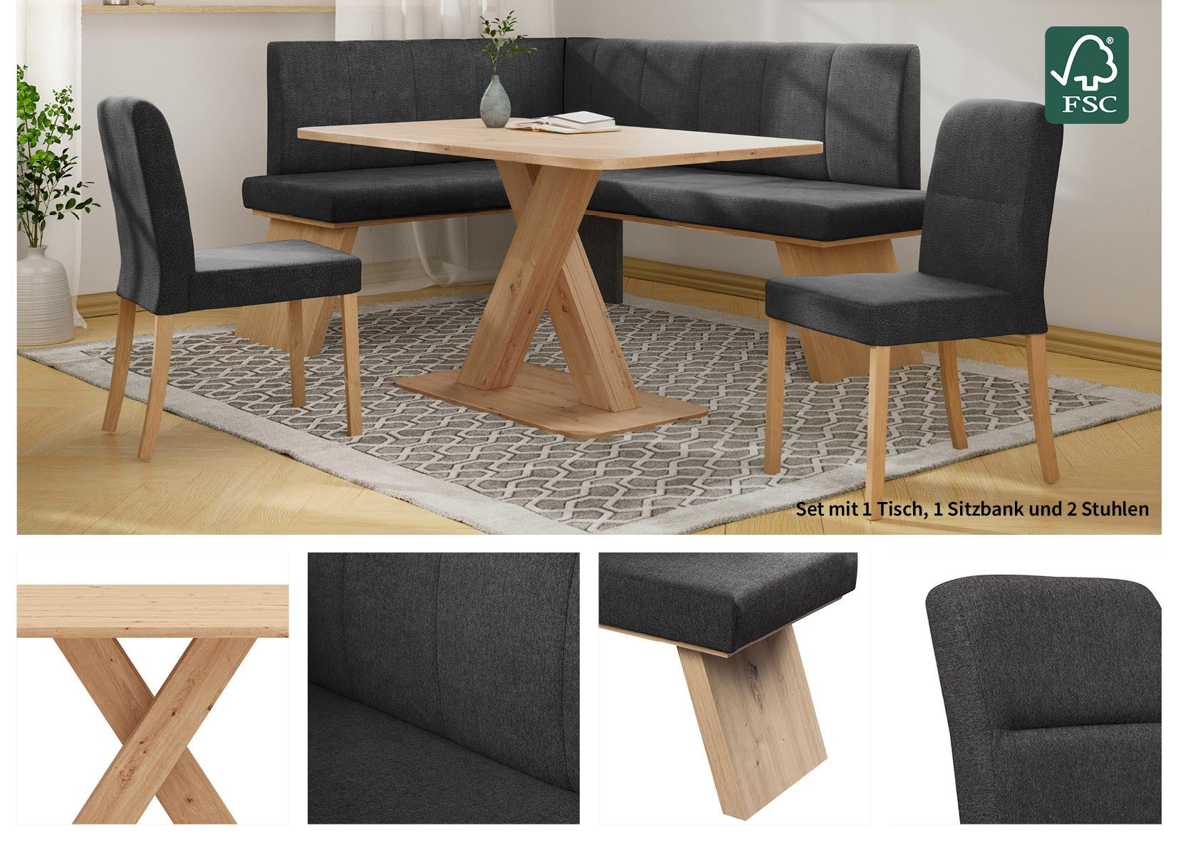 Home affaire Eethoek Nina Eetkamer zitgroep stoelen tafel en bank comfortabel gepolsterd (4-delig)