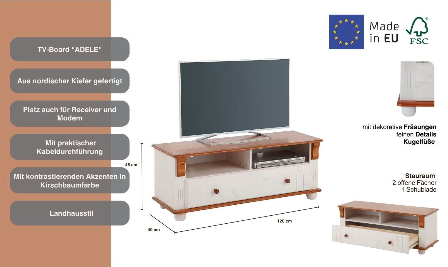Home affaire Tv-meubel ADELE Breedte 120 cm, met lade, van massief grenen, FSC®